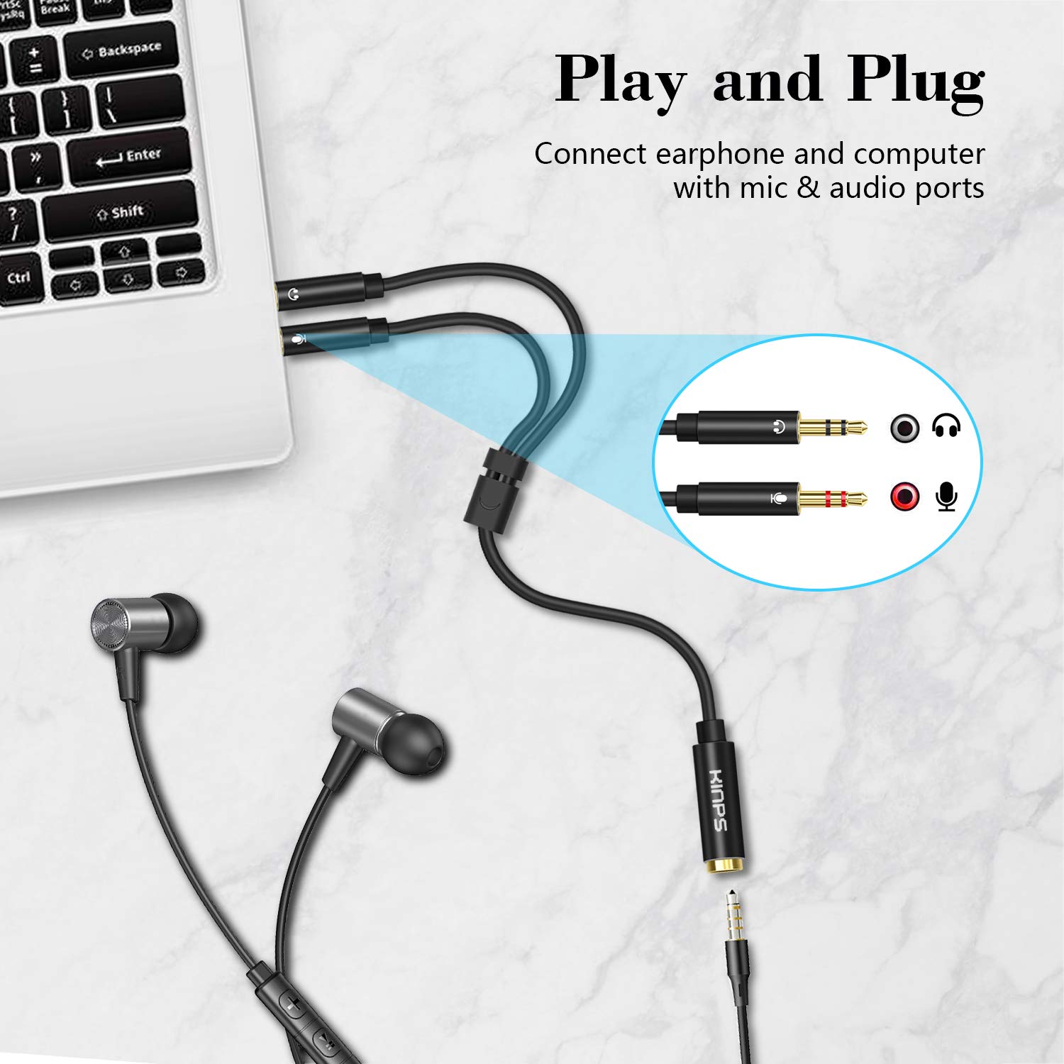 KINPS 3.5mm Headphone Splitter - Female to Dual Male Audio Y Cable for PC, Laptop, Smartphone - Connect 2 Headphones for Gaming, Music Sharing & Conference Calls (6.5ft)
