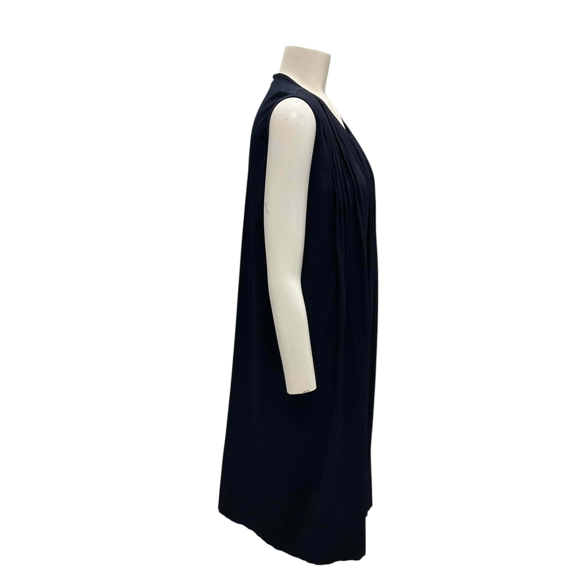 Jil Sander Navy Blue Pleated Sleeveless Midi Dress for Women | Elegant Summer Office Wear & Cocktail Party Outfit