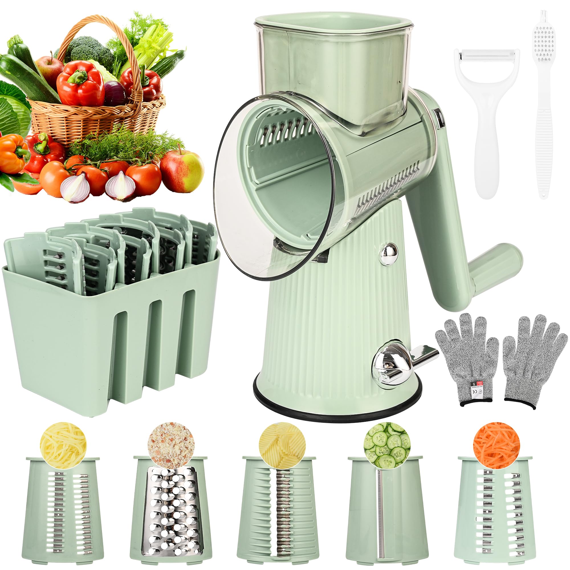 5-Blade Hand Crank Cheese Grater & Vegetable Slicer - Ergonomic Kitchen Countertop Shredder with Clean Brush for Cheese, Nuts & Matcha (Green) - Perfect for Meal Prep, Pizza Topping & Baking Accessories