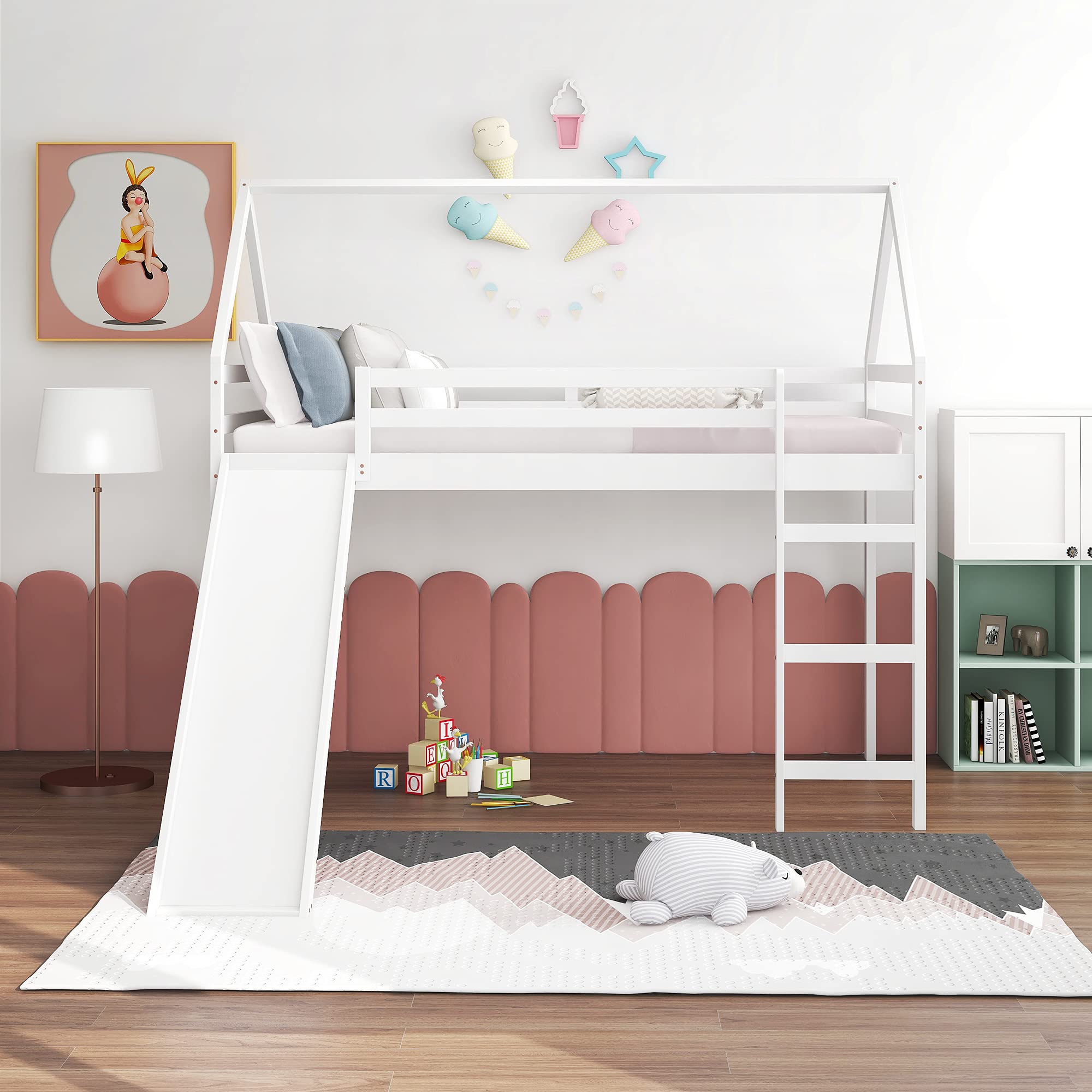 **Danxee House Twin/Full Loft Bed with Slide - Classic Wooden Kids Loft Bed with Guard Rail & Ladder for Boys & Girls Bedroom - No Box Spring Needed - Easy Assembly (White, Twin) - Perfect for Small Spaces, Playrooms & Kids' Bedroom Decor**