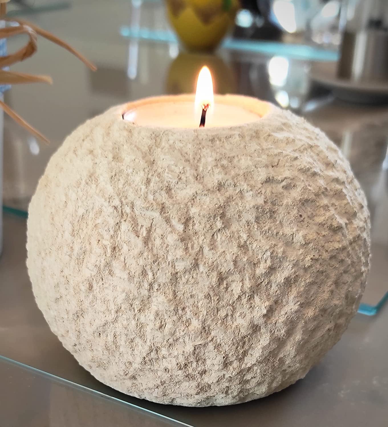 Set of 2 Handmade Italian Stone Sphere Candle Holders - Rough & Grooved Design with Gift Box, Candles & Blank Message Card - Home Decor for Shelves, Coffee Tables, Dining Room Centerpieces | Perfect for Romantic Dinners, Wedding Decor & Spa Ambiance