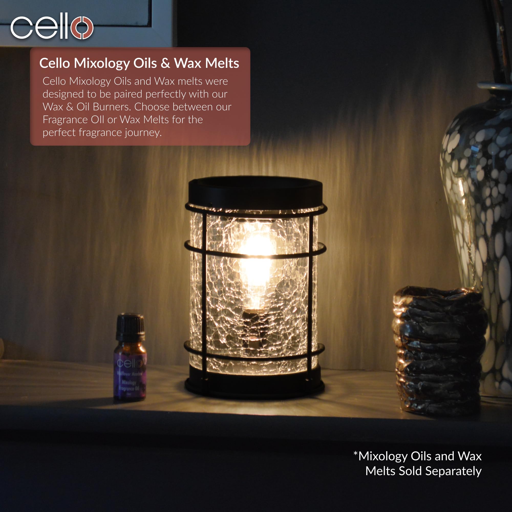 Cello Black Edison Crackle Electric Wax Warmer - Vintage Style Wax Melter for Home, Office & Spa - Aromatherapy Essential Oil Diffuser for Relaxation & Stress Relief