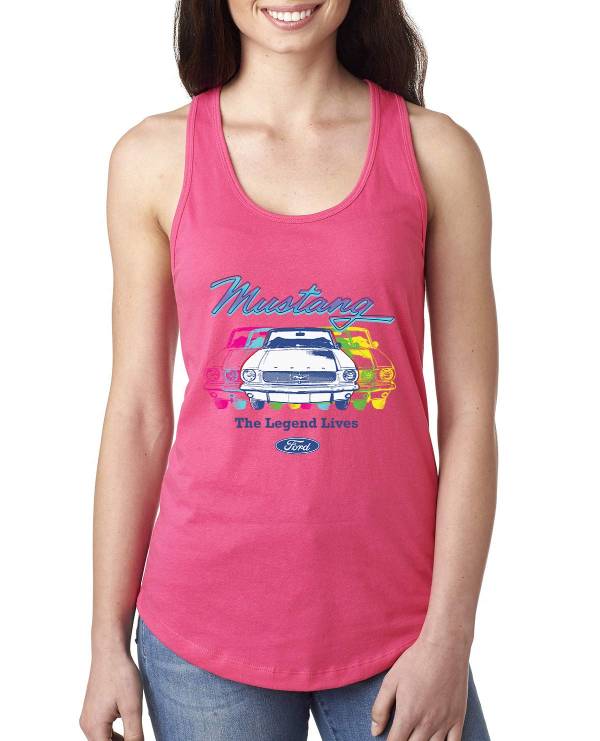 Vintage Ford Mustang Neon Muscle Car Legend Graphic Racerback Tank Top for Women - Perfect for Car Enthusiasts, Racing Events & Casual Wear