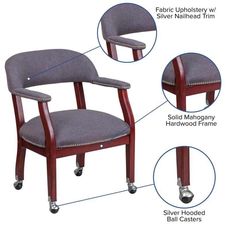 Premium Gray Fabric Conference Chair with Accent Nailhead Trim & Smooth Rolling Casters - Ergonomic Office Chair for Executive Meetings & Home Workspaces