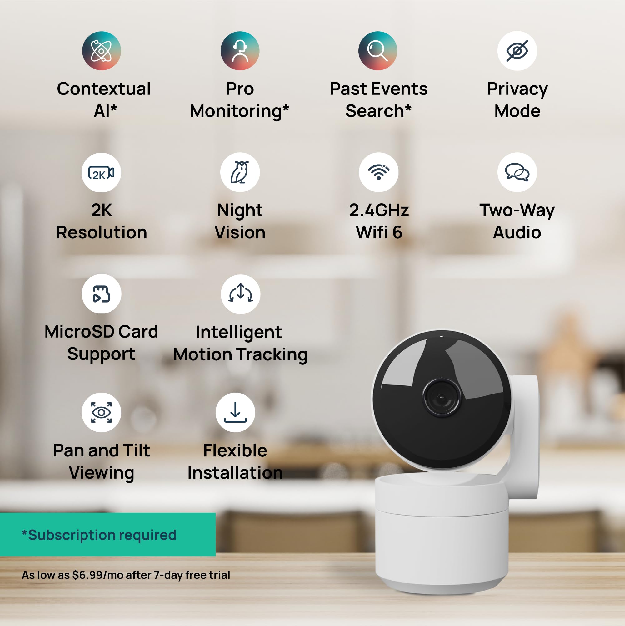 360° Pan/Tilt Indoor Security Camera with AI Motion Detection for Pets/People/Vehicles - Plug-in WiFi Camera with Night Vision, 2-Way Audio & Cloud Storage - Ideal for Home, Baby Monitor & Pet Watching (White)