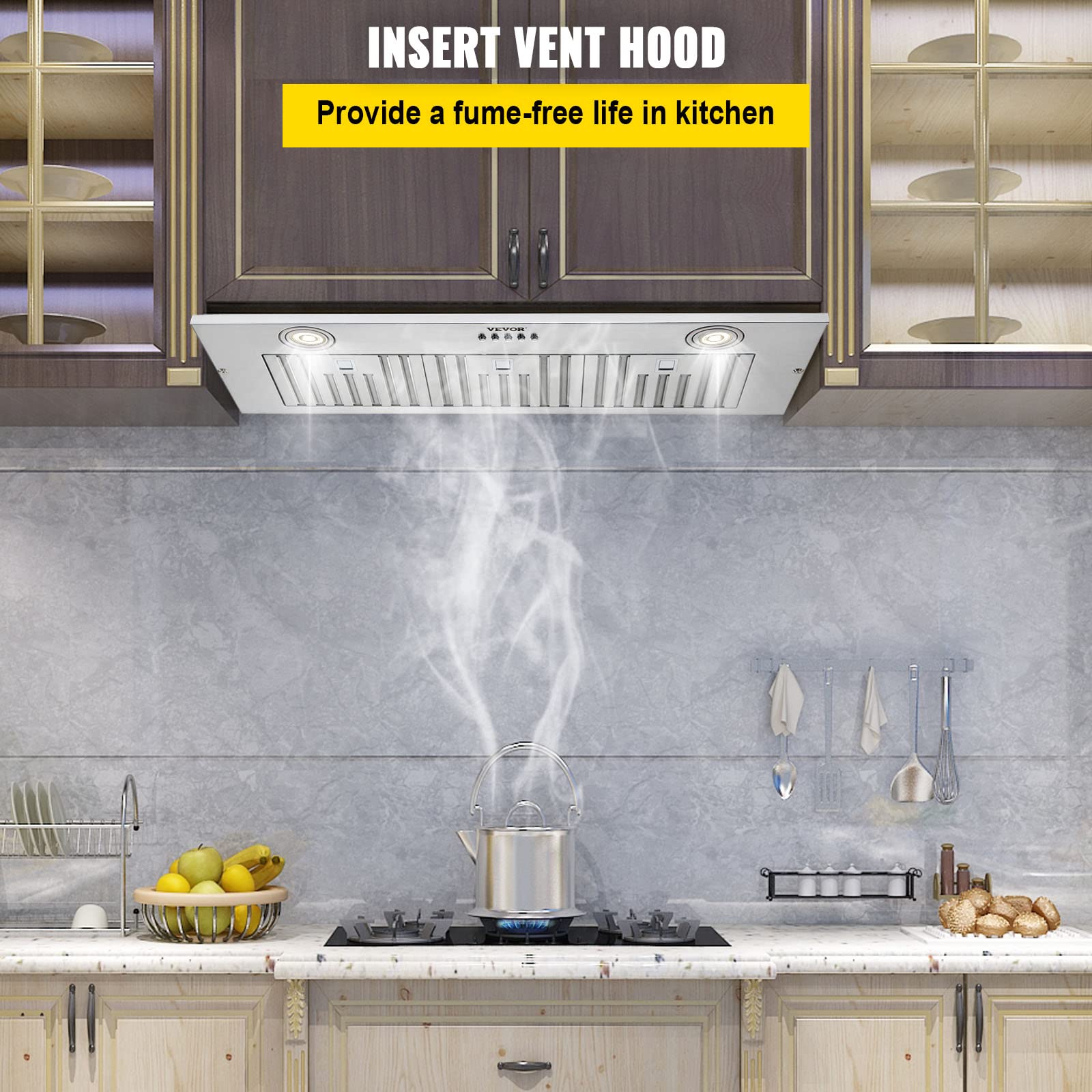 VEVOR 36 Inch 800CFM 3-Speed Stainless Steel Insert Range Hood with LED Lights & Baffle Filters - Ducted/Ductless Convertible Kitchen Ventilation for Home & Restaurant Use - ETL Certified
