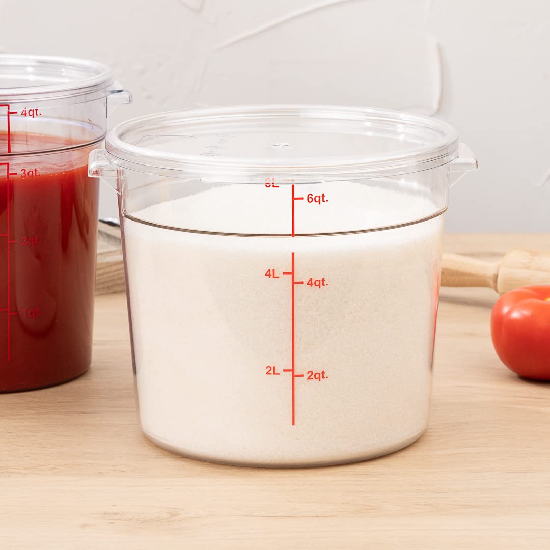 Restaurantware Met Lux 6 Quart Clear Plastic Food Storage Containers - 10 Pack Round Commercial Food Prep Buckets with Volume Markers (Lids Sold Separately) for Kitchen, Restaurant, and Catering Use - Space-Saving Storage Solution