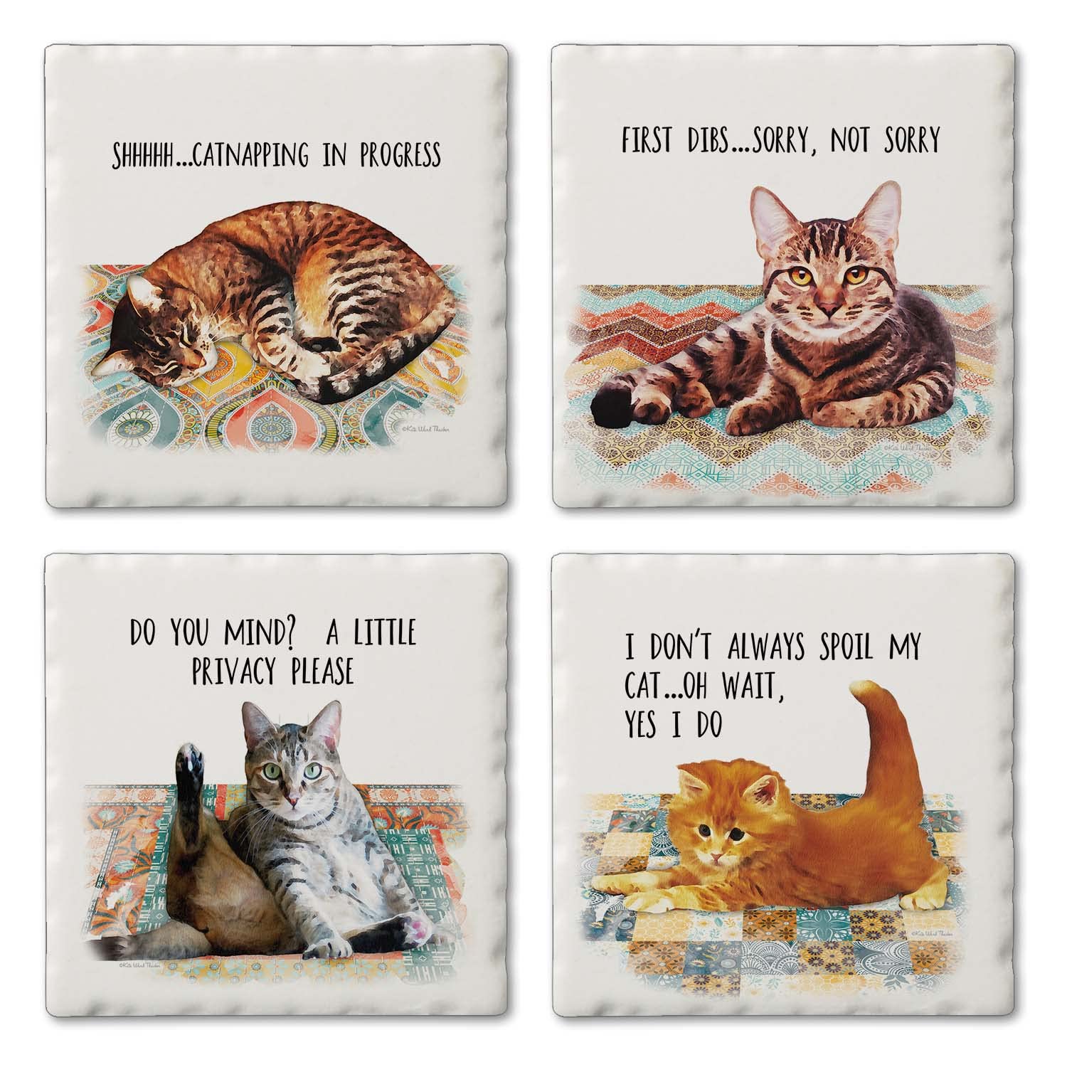 Thirstystone Cat Nappy 4-Pack Absorbent Tumbled Tile Stone Coasters - Made in USA, Easy to Clean - Perfect for Coffee Tables, Home Decor & Pet Lover Gifts