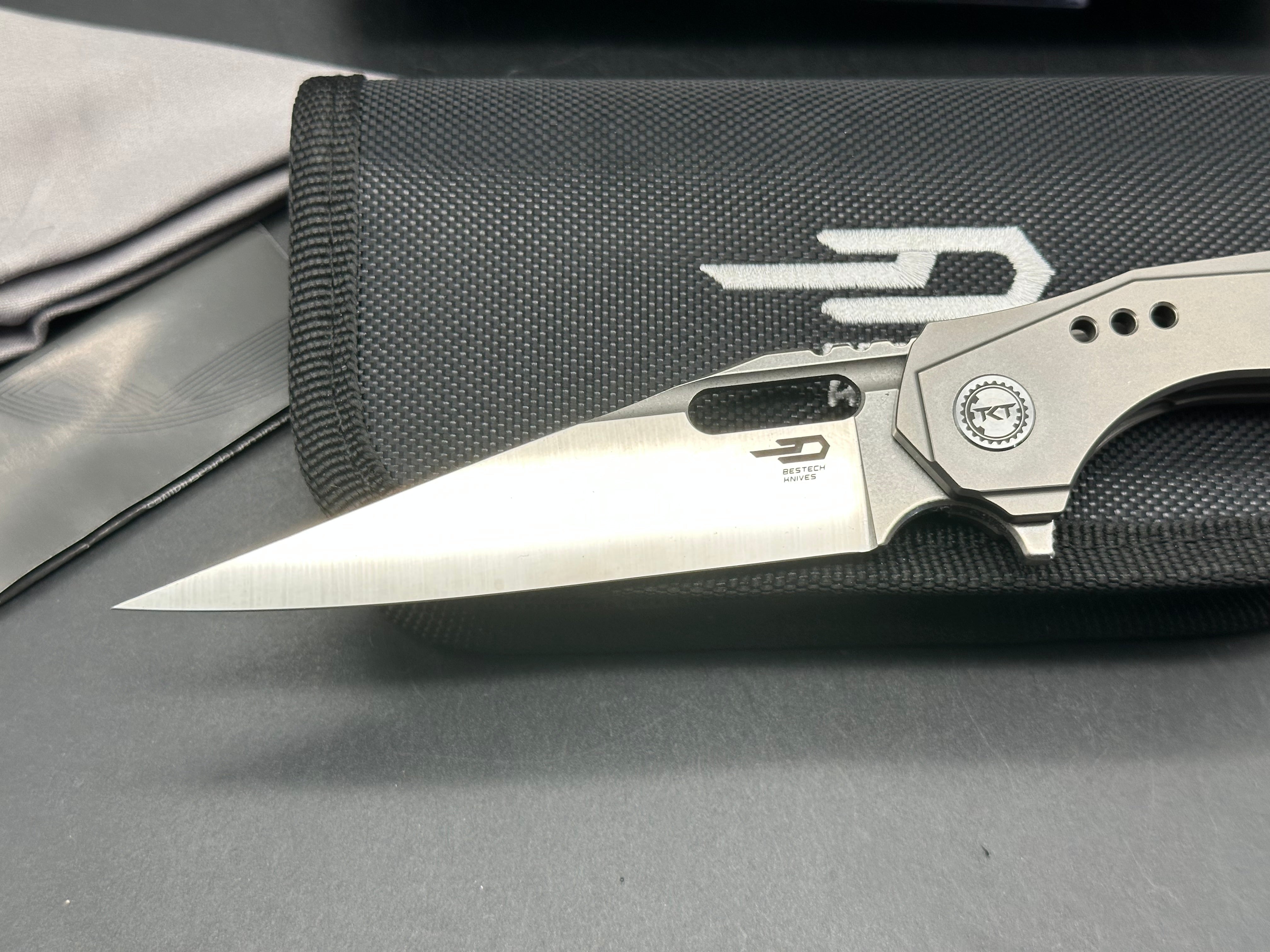 Bestech TKT Folding Knife - Gray Titanium Handle with Custom Lightning Anodized Backspacer & Clip - EDC Pocket Knife for Outdoor, Camping & Everyday Carry