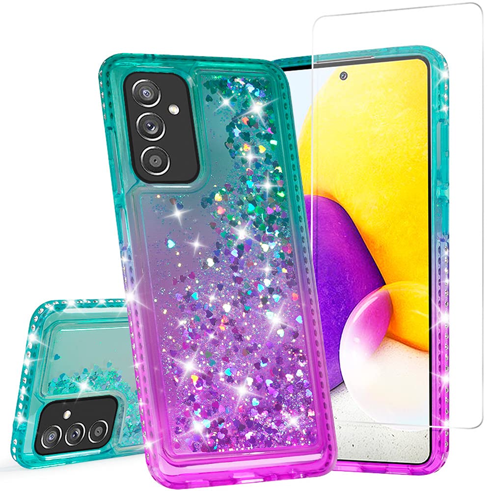 SOGA Samsung Galaxy A82 5G / Quantum 2 Phone Case with Tempered Glass Screen Protector - Diamond Liquid Quicksand Cover for Women (Teal/Purple) | Cute Protective Case for Everyday Use & Travel