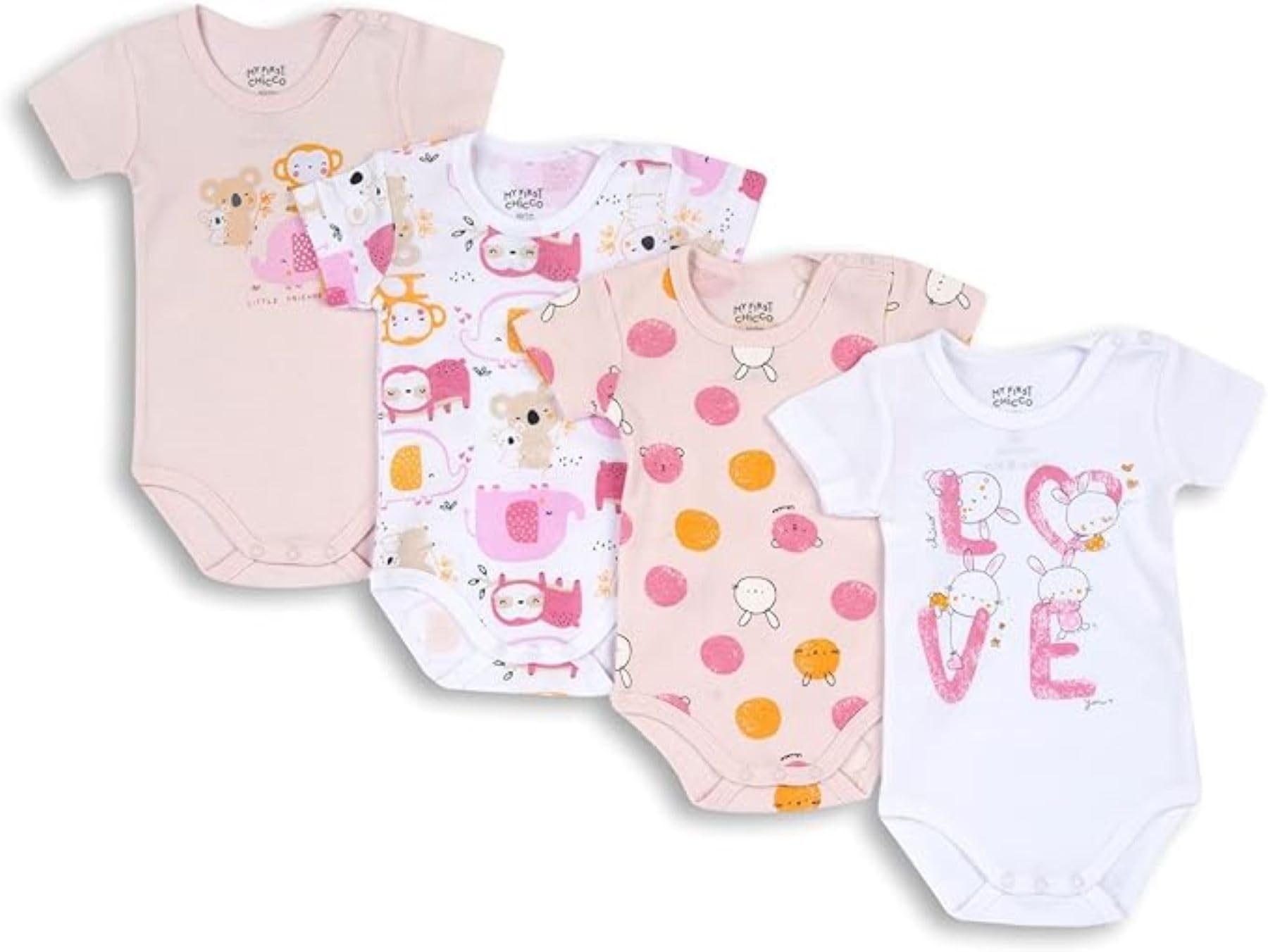 Chicco 4-Pack Unisex Cotton Short Sleeve Bodysuits for Babies 0-24 Months | Soft Comfortable Baby Onesies for Everyday Wear, Playtime & Sleep