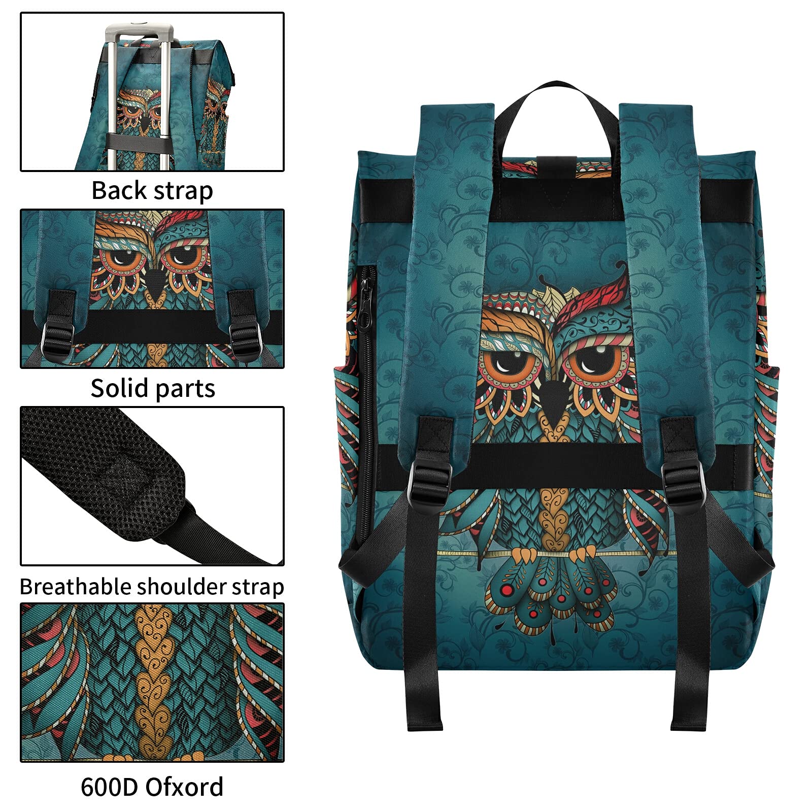 ALAZA Green Owl Print Patrick Boho Ethnic Large Waterproof Anti-Theft Roll Top Laptop Backpack for Women & Men - Fits 13-17.3 Inch Laptops - Perfect for Travel, Work & College