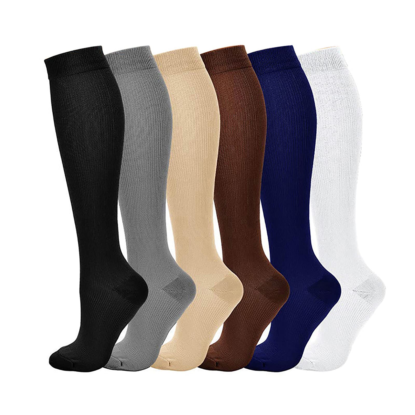 Best Compression Socks for Women & Men - 6 Pairs Solid Color Nylon Athletic Socks for Running, Hiking & Travel - Improve Circulation & Reduce Swelling