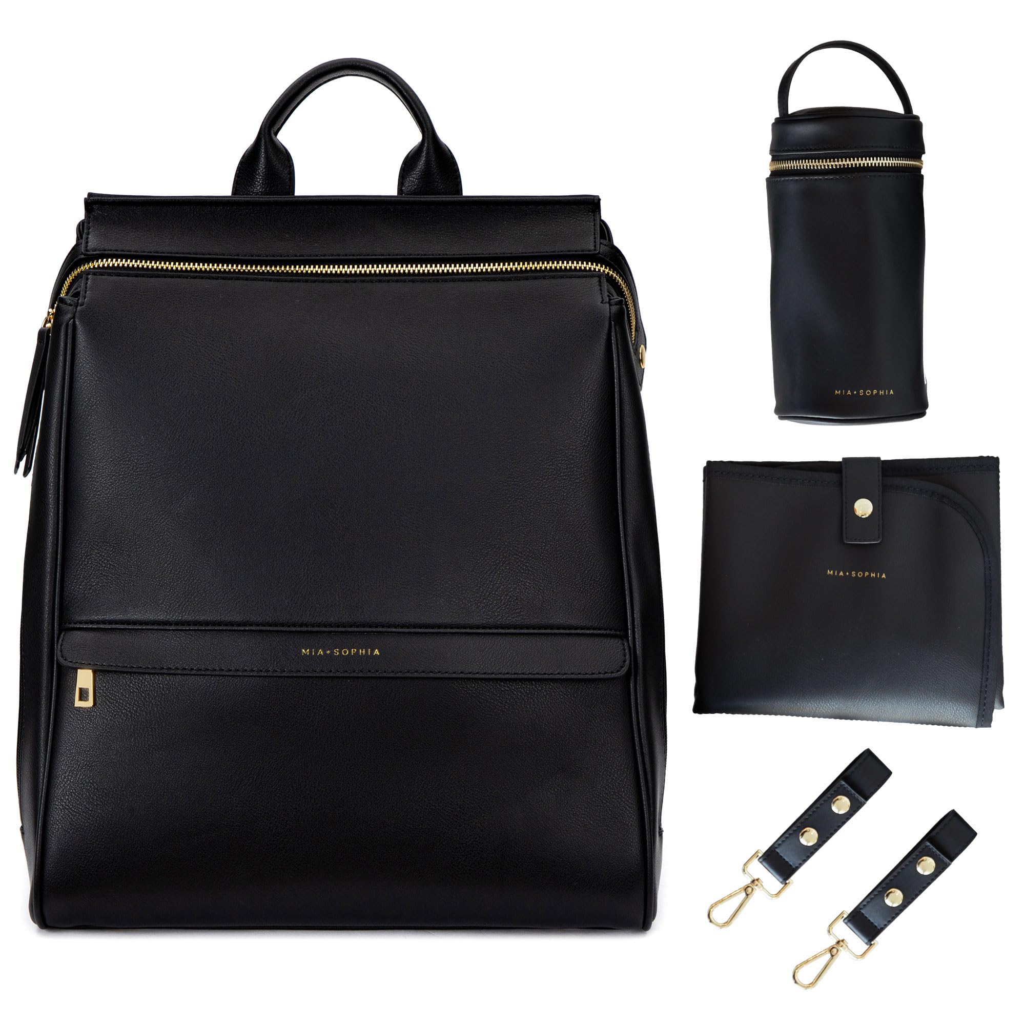 Premium Leather Diaper Bag Backpack with USB Charging Port, Insulated Bottle Holder, Stroller Straps & Waterproof Changing Pad - Stylish Black Sophia for Moms - Perfect for Baby Essentials, Travel, Park Outings & Daily Parenting