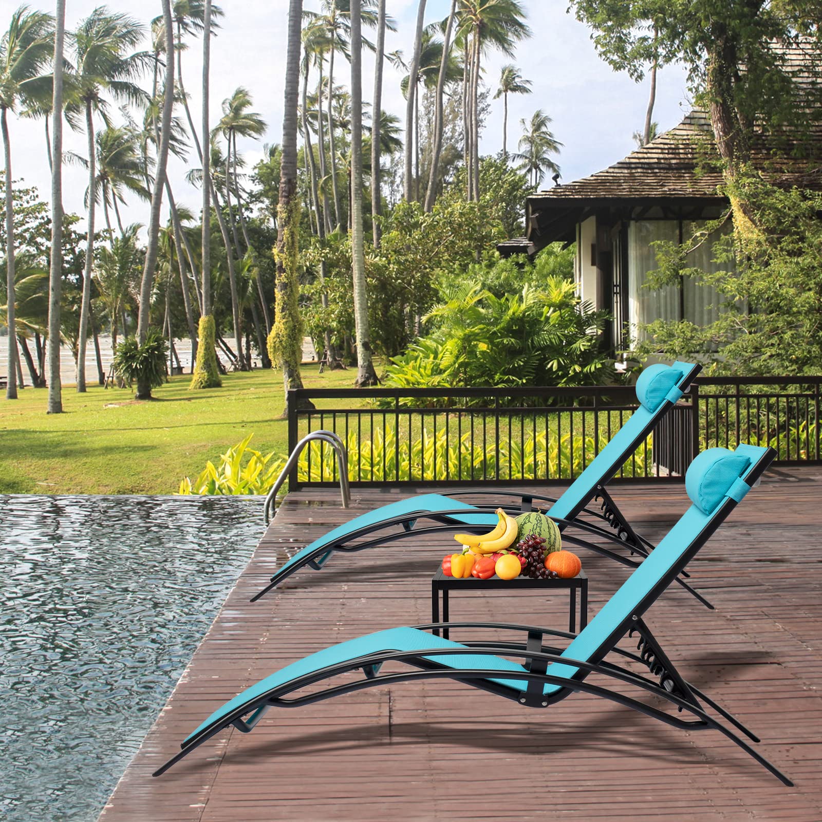3-Piece Patio Chaise Lounge Chair Set - Aluminum Outdoor Reclining Sun Lounger with Adjustable Headrest & Side Table - Perfect for Poolside, Beach, Garden & Lawn Relaxation (Blue) - Ideal for Sunbathing, Tanning & Outdoor Lounging