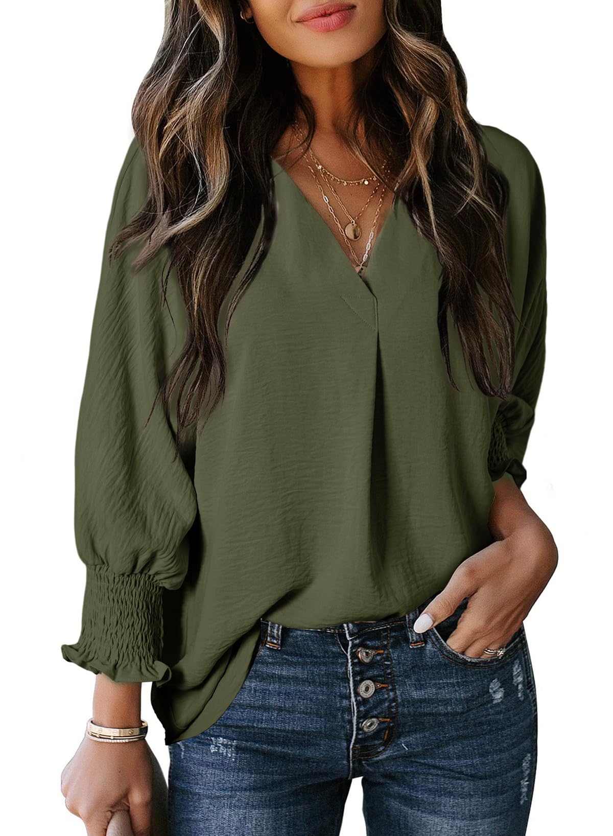 Women's Fashion Tops - Dokotoo Dressy Casual V-Neck Blouses with 3/4 Sleeves | Spring & Summer Trendy Shirts 2025 | Perfect for Office Wear, Date Nights & Casual Outings