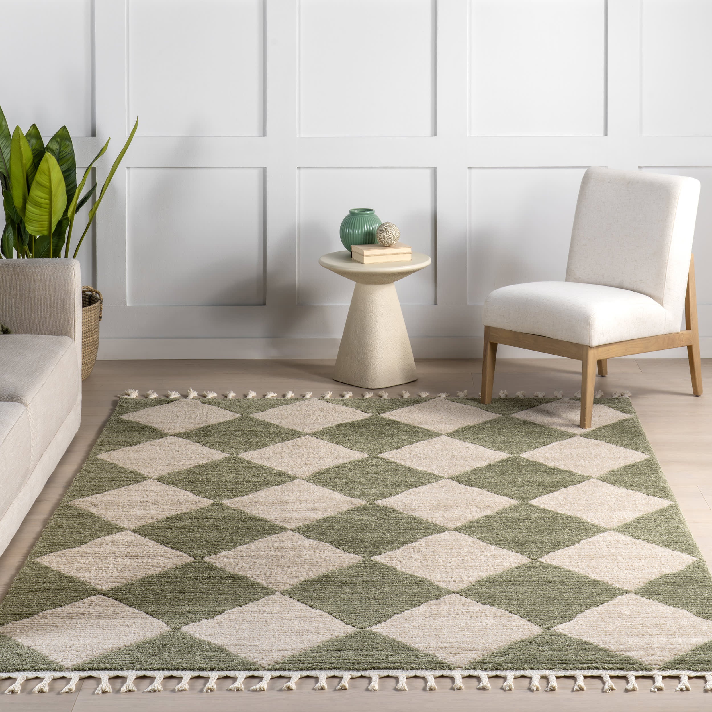 Luxury Aylin Diamond Tasseled Area Rug - Soft Green Bohemian Style Handmade Carpet for Living Room, Bedroom Decor - Perfect for Boho Chic Home & Apartment Decorating