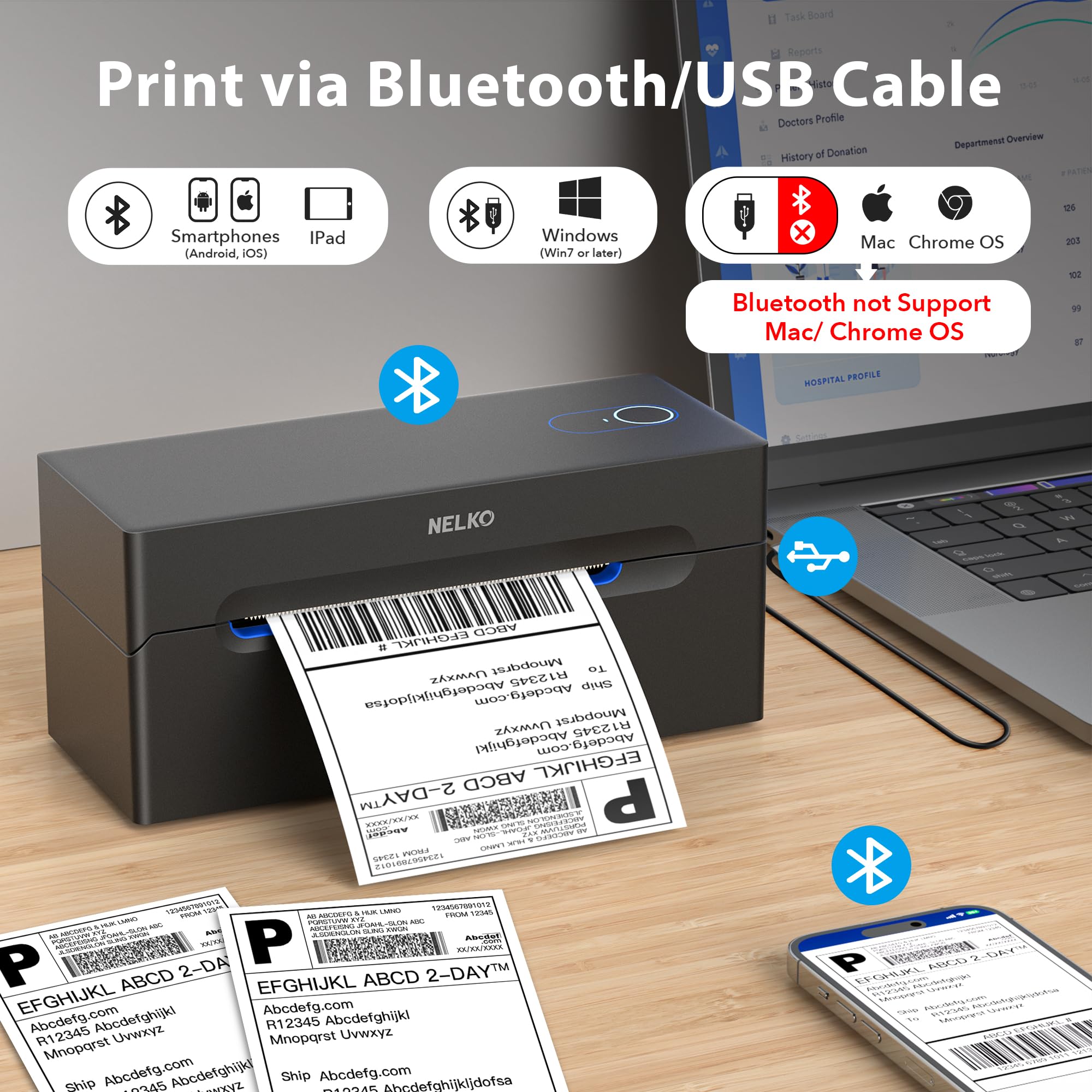 Nelko Bluetooth Thermal Label Printer 4x6 - Shipping Label Printer for DHL, UPS, Amazon, eBay, Shopify & Zalando - Compatible with Android, iOS, Windows, Mac & Chrome - Perfect for E-commerce Sellers & Small Businesses (Black)