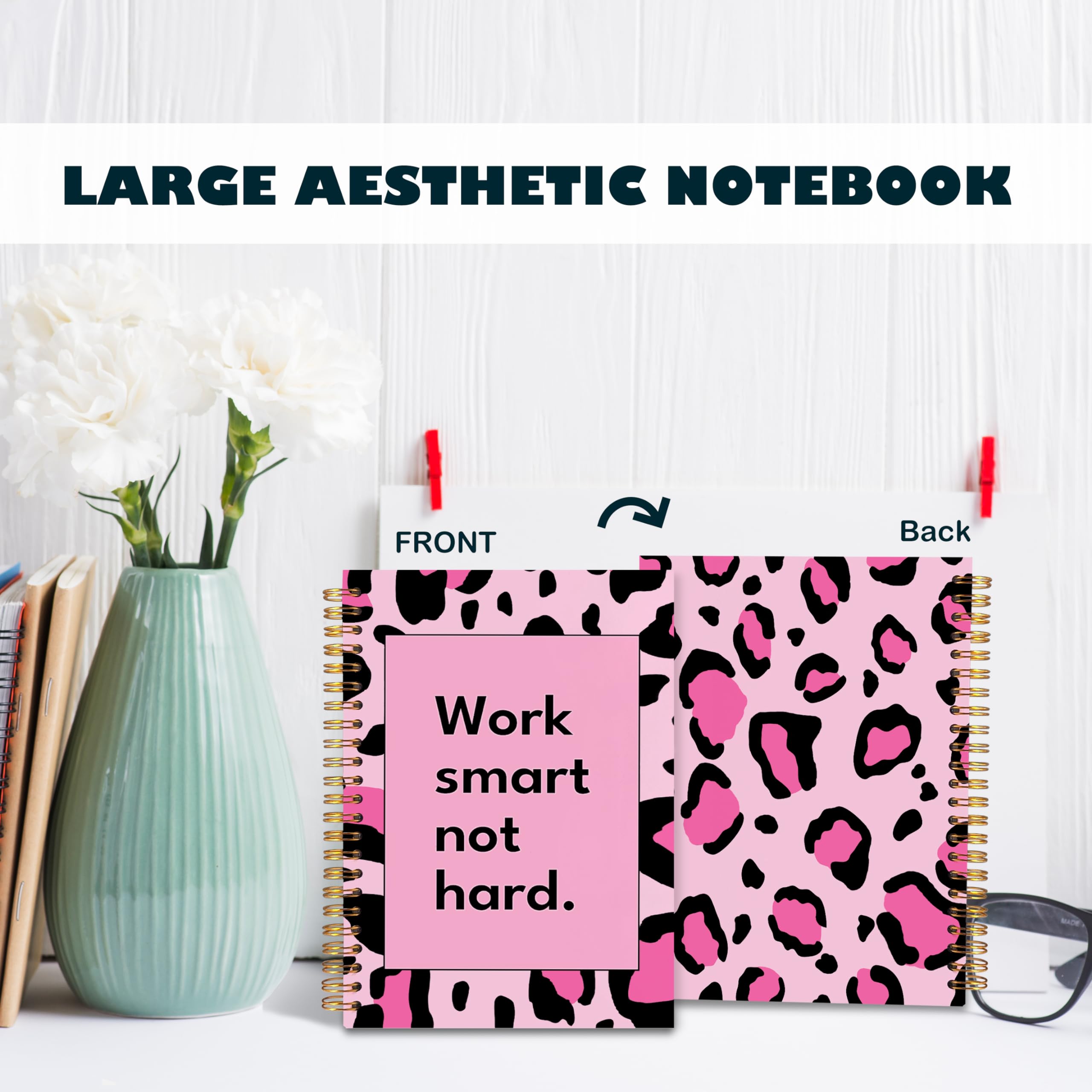 BearCake Hot Pink Leopard Print Notebook - Aesthetic Preppy Journal for Women, 5.5x8.3 Hardcover Spiral Notebook, Work Smart Not Hard Planner - Perfect Office & School Supplies for Note Taking, Gift Ideas & Daily Organization