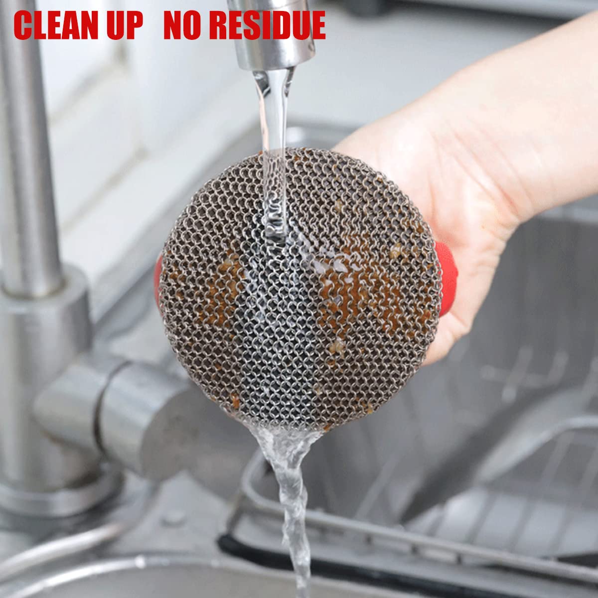 316 Stainless Steel Cast Iron Scrubber with Handle - Heavy Duty Chainmail Scrubber for Pots, Pans, Bakeware & Grills - Rustproof Steel Wool Alternative for Kitchen Cleaning & Outdoor BBQ Maintenance