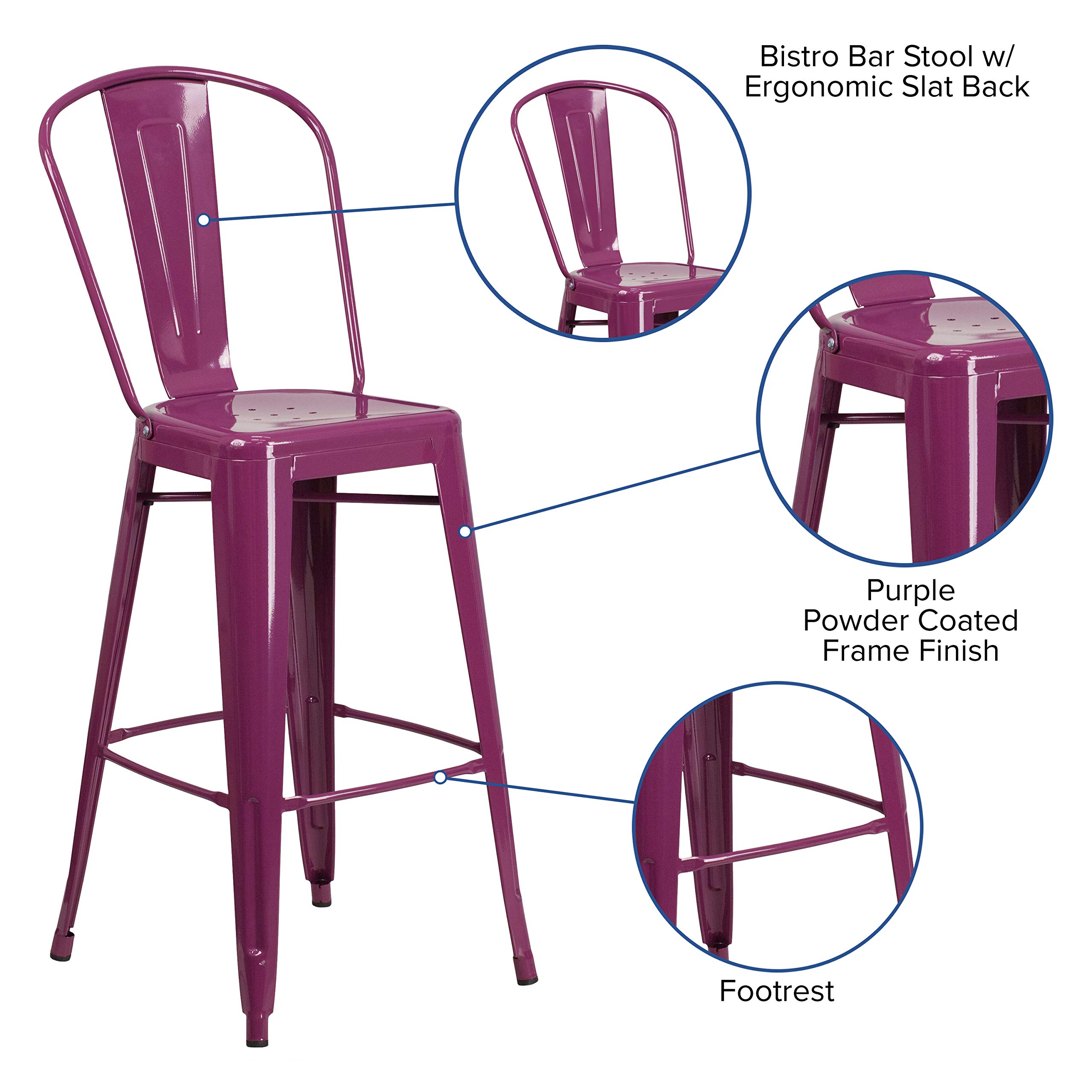 EMMA + OLIVER 30 Inch Commercial Grade Purple Metal Bar Stool with Back - Indoor Outdoor Use for Kitchen Island, Bar Counter & Patio
