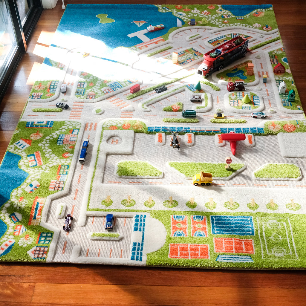 IVI Play Rug Mini City Extra Large Turquoise - Soft Kids Play Mat for Indoor & Outdoor Activities, Perfect for Playrooms, Daycares, and Home Decor