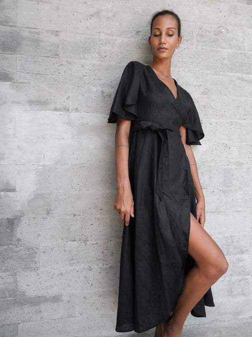 Black Dhalia Linen Dress for Women - Summer Casual Flowy Maxi Dress for Beach, Vacation & Everyday Wear