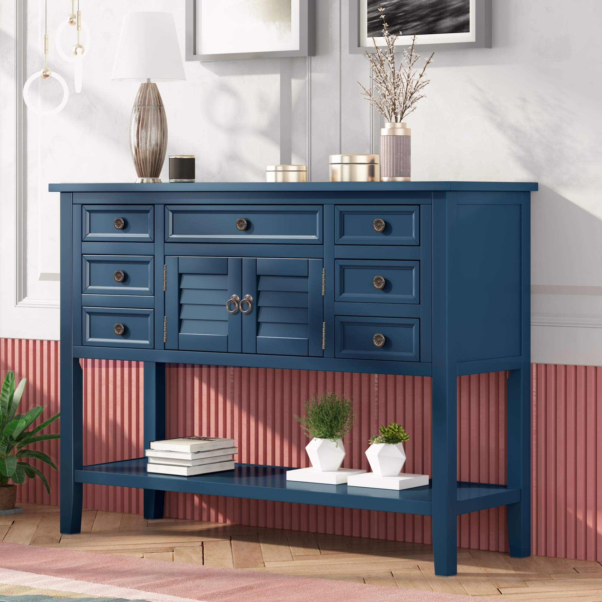 45'' Modern Wooden Console Table with 7 Drawers, Cabinet & Shelf - Navy Blue Entryway Sofa Table for Living Room, Bedroom & Hallway - Perfect for Home Decor, Storage & Organization