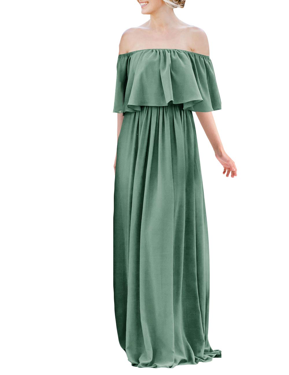 JAEDEN Chiffon Long Bridesmaid Dress - Off Shoulder Ruffled Wedding Guest Dress in Pastel Green | Elegant Formal Gown for Bridal Party, Evening Events & Special Occasions