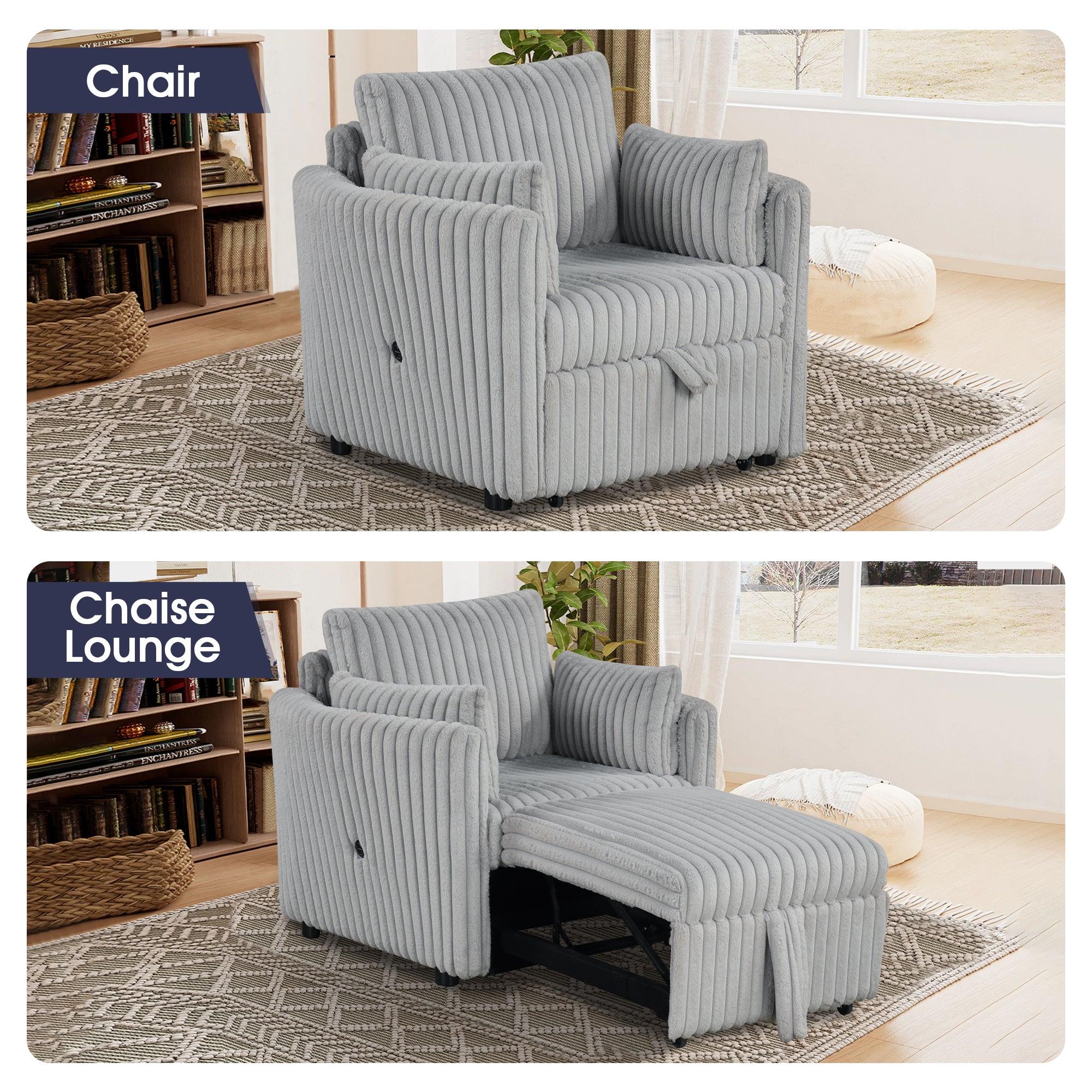 Light Gray Faux Fur Oversized Convertible Sleeper Sectional Sofa - 3-in-1 Couch, Daybed & Chair with Pull-Out Function & 2 Pillows | USB Charging Ports | Modern Living Room Furniture for Small Spaces, Apartments & Home Theater Seating