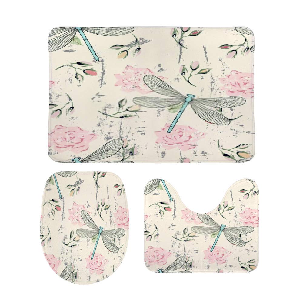 Non-Slip 3-Piece Bathroom Rug Set - Absorbent Coral Fleece Contour Mat, Toilet Lid Cover & Close Stool Mat with Floral Design for Shower, Tub & Bathroom Floor Safety