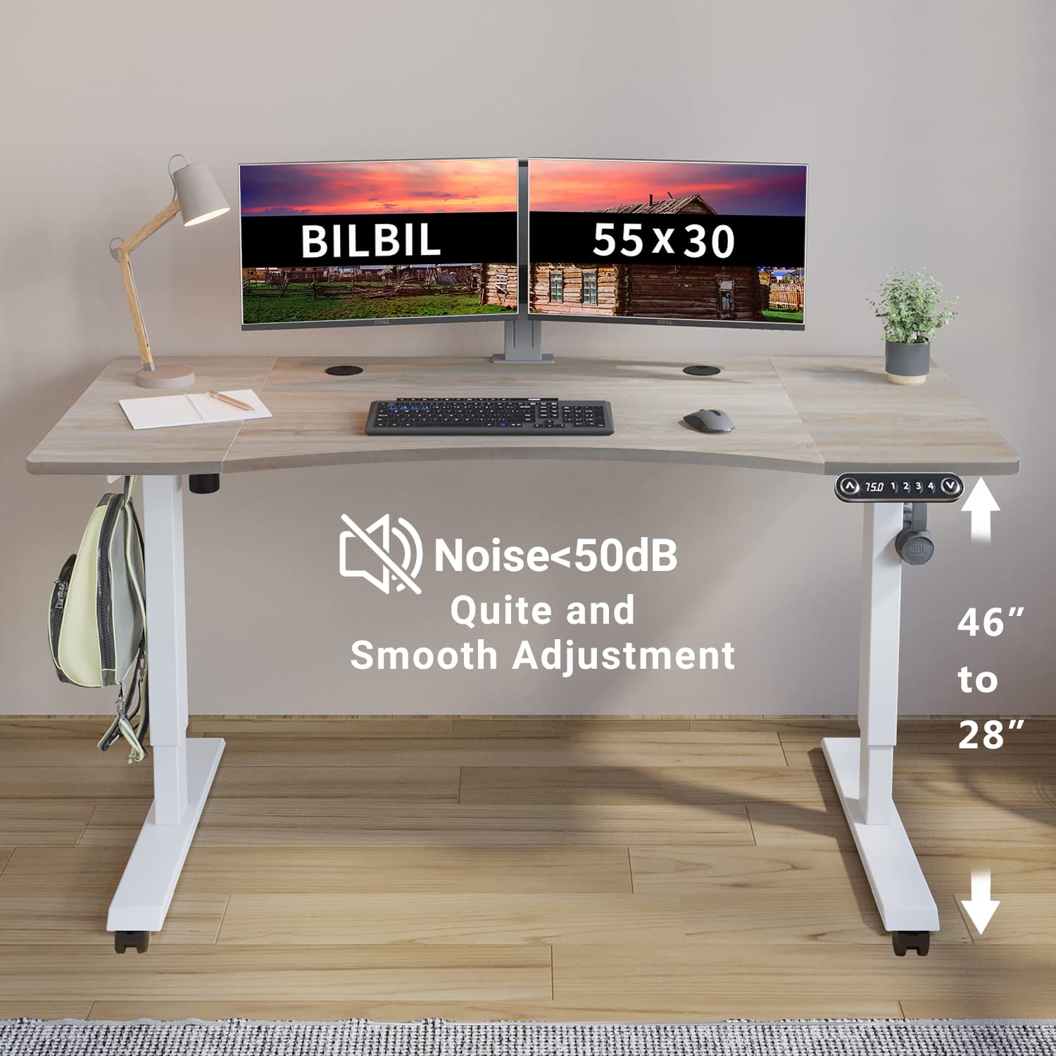 Bilbil Electric Standing Desk 55 x 30 Inches - Height Adjustable Sit Stand Desk with Splice Board, Brake Casters, White Frame & Oak Top - Perfect for Home Office, Gaming, and Workspace Ergonomics