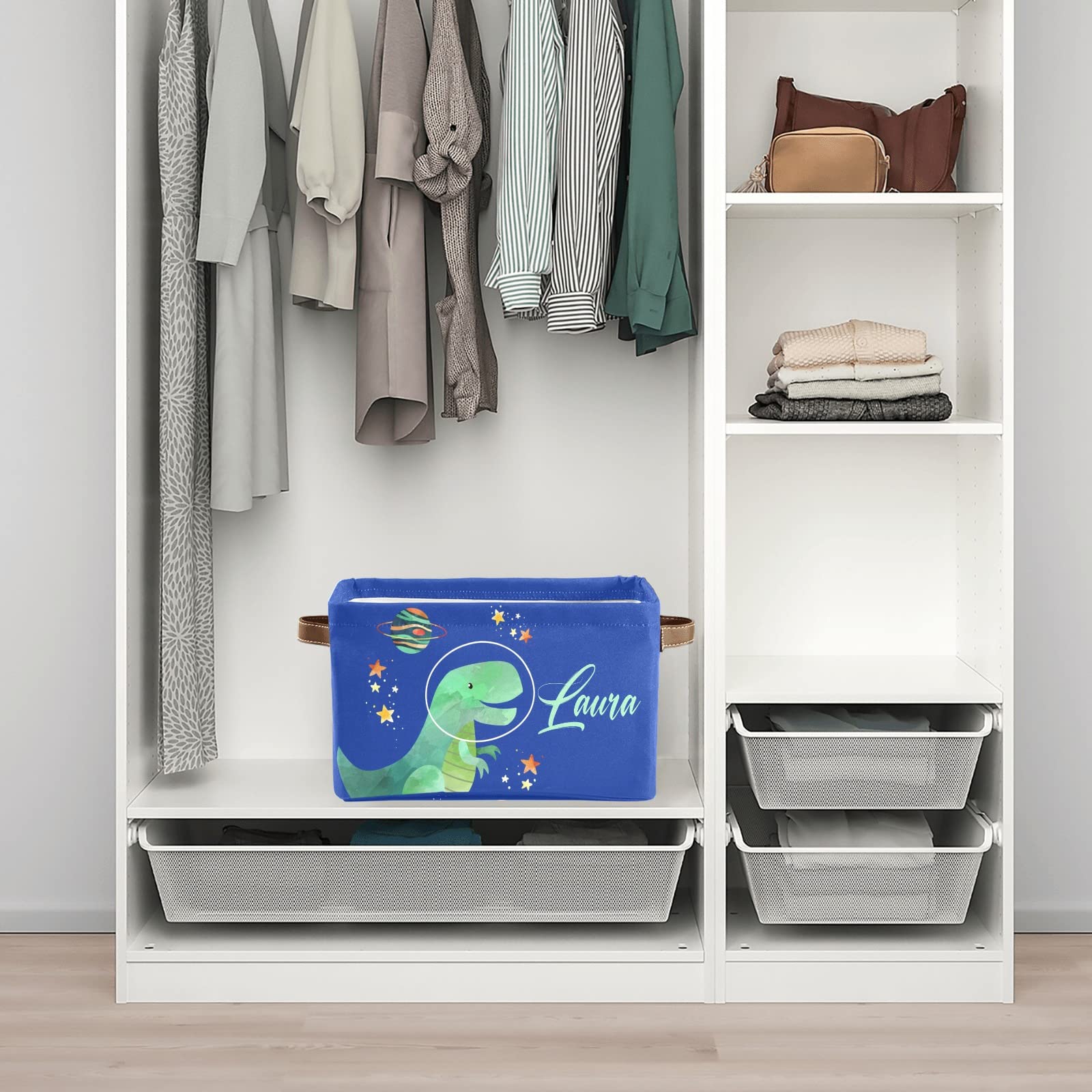 Custom Name Cartoon Stars & Dinosaurs Waterproof Storage Box - Organize Bathroom Towels, Office Supplies, Books & Clothes (1 Pack) - Perfect for Kids' Room, Bathroom & Home Organization