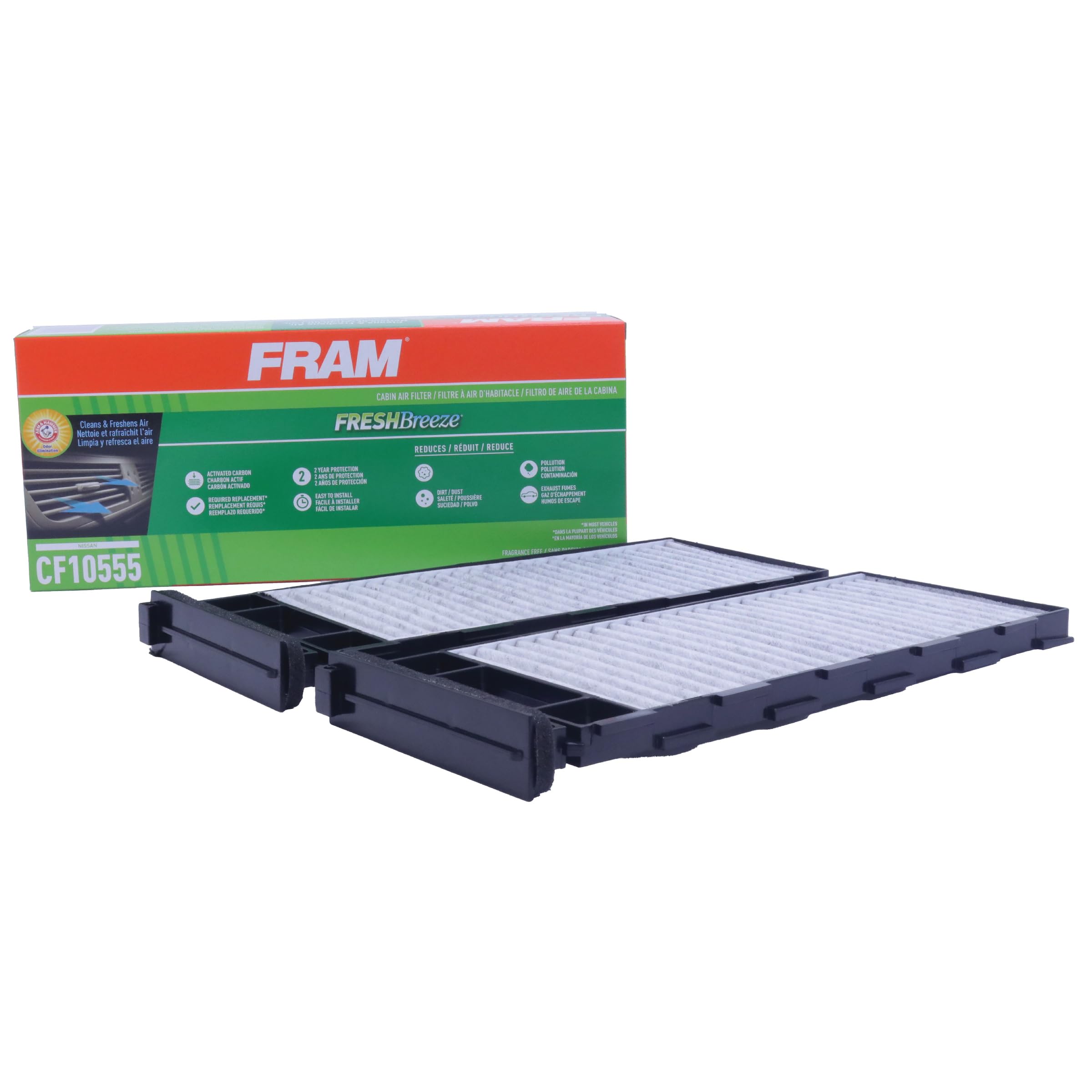 FRAM Fresh Breeze Cabin Air Filter with Arm & Hammer Baking Soda - CF10555 Replacement for Nissan Vehicles - Easy Installation, Odor Elimination & Allergen Reduction - Perfect for Allergy Sufferers & Clean Car Interiors