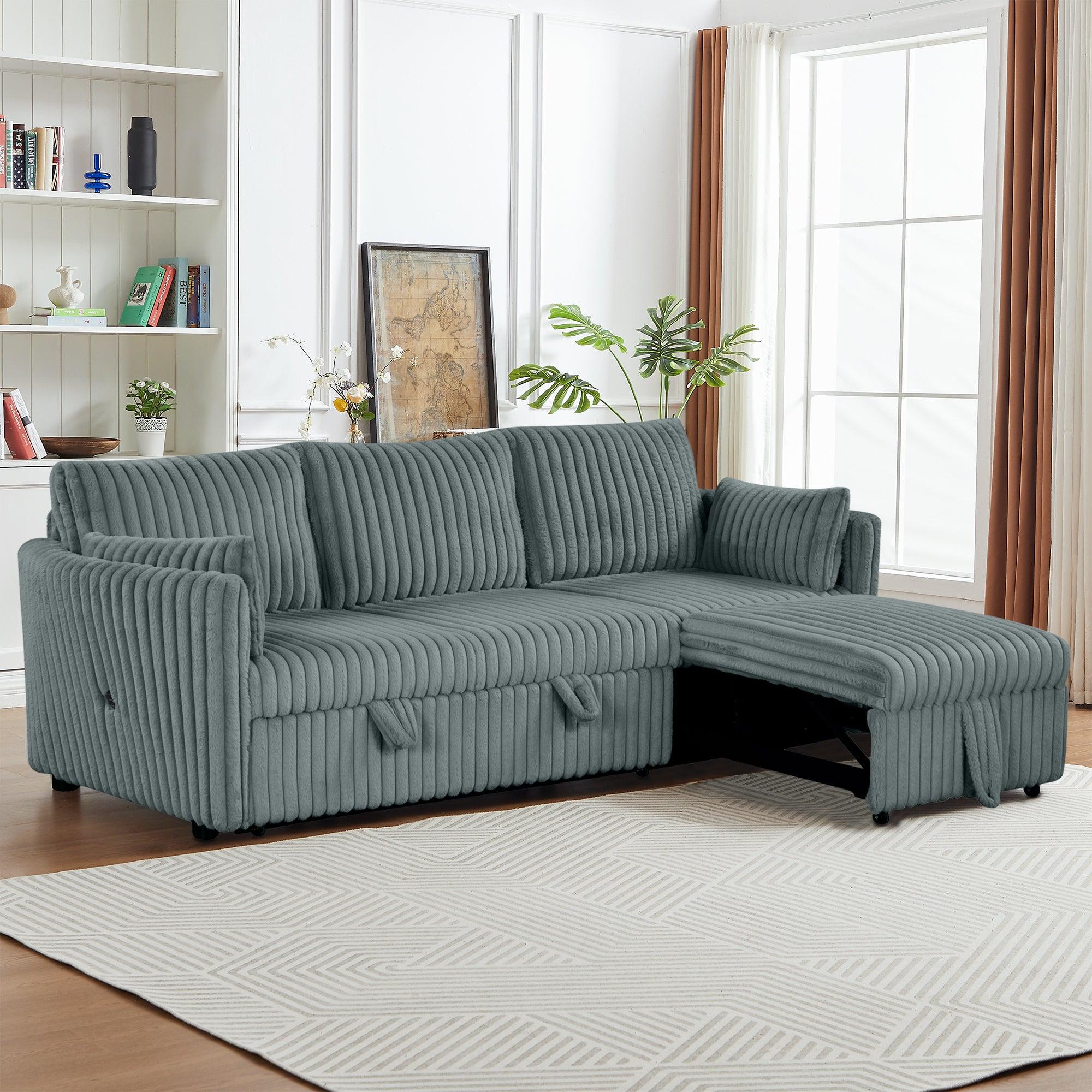 Dark Gray Faux Fur Oversized Convertible Sleeper Sectional Sofa with USB Charging Ports - 3-in-1 Couch, Daybed & Pull-Out Chair with 2 Pillows - Modern Living Room Furniture for Small Spaces, Apartments & Home Theater Lounging