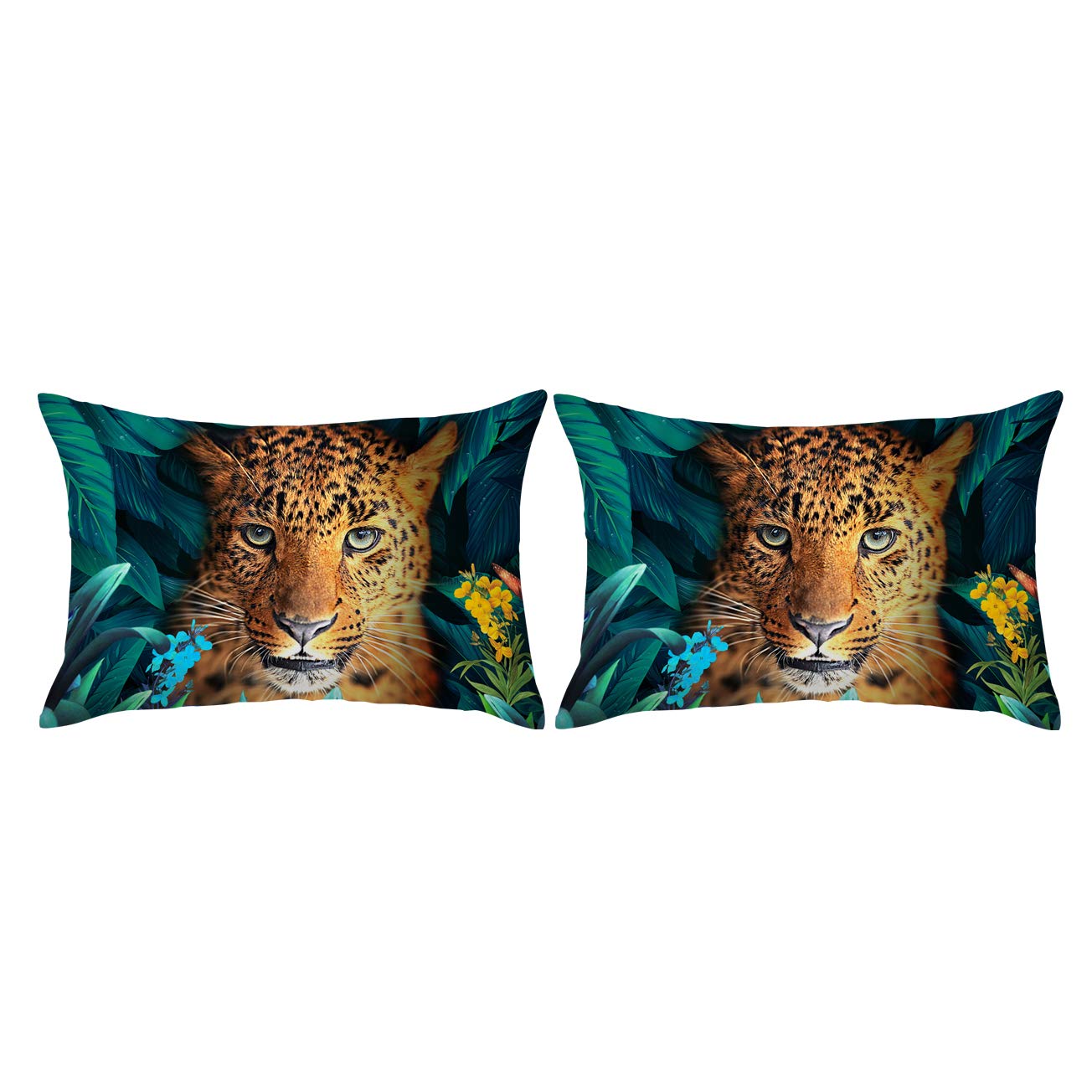 ARIGHTEX Leopard Print Couch Pillow Covers Set of 2 - Green Jungle Leaves Pattern Decorative Throw Pillow Cases 20x26 Inches for Sofa, Bed, Living Room Home Decor - Wild Animal Theme Accent Pillows