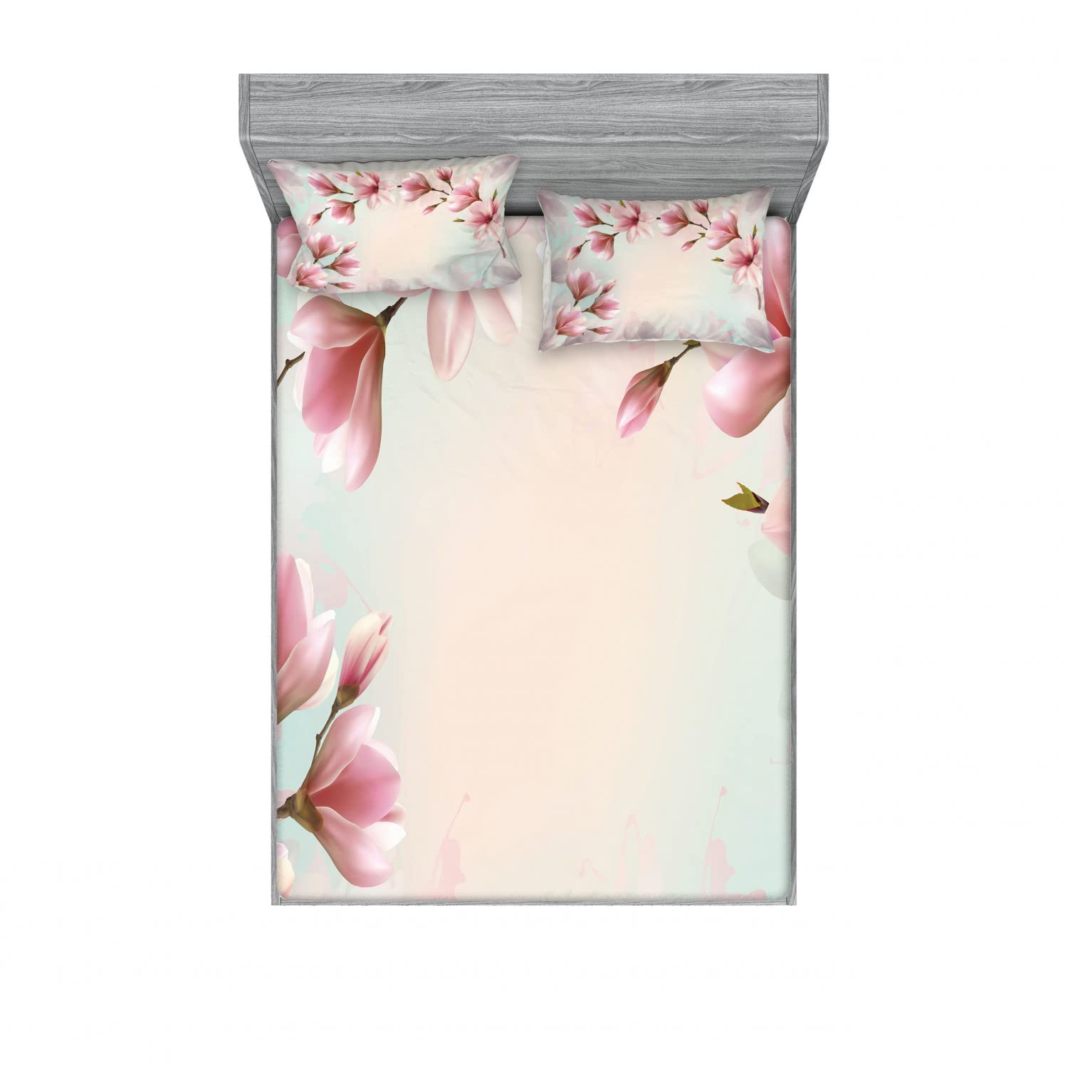 Ambesonne Magnolia 2-Pack Queen Size Fitted Sheet Set with 4 Pillow Shams - Double Exposure Floral Design in Dark Coral & Pale Pink - Soft Bedding Decor for Guest Rooms, Master Bedrooms & Vacation Homes