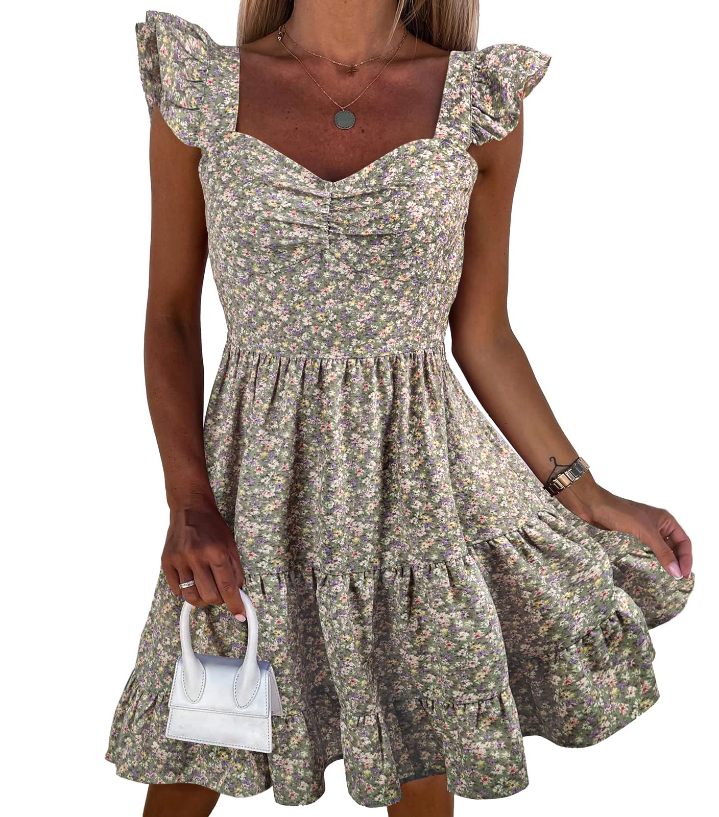 PRETTYGARDEN Women's Floral Boho Summer Dress - Ruffle Strap Tiered Mini A-Line Sundress for Beach, Vacation & Casual Wear | Lightweight Short Dress for Outdoor Parties, Date Nights & Summer Outings