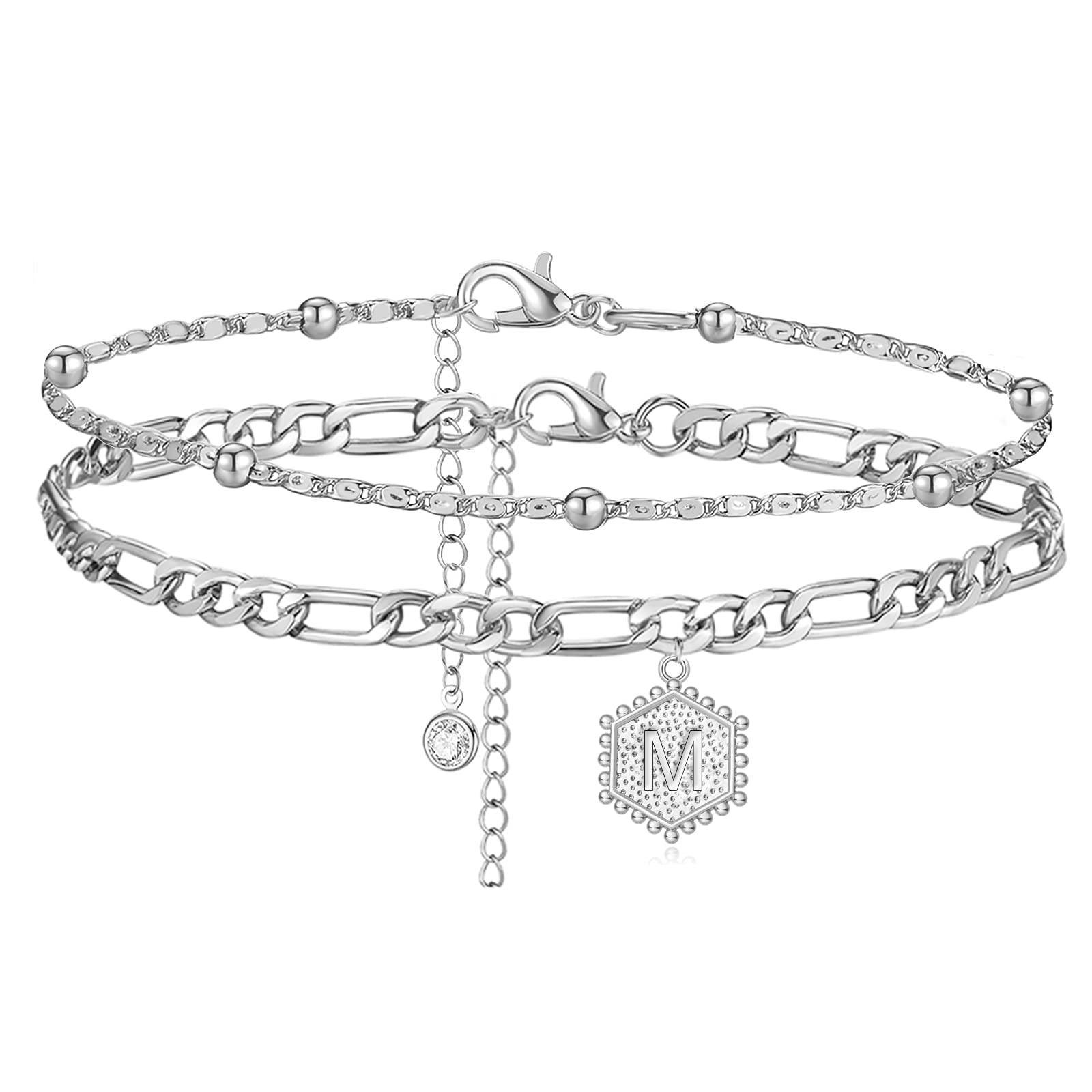 Silver Initial Anklet for Women & Men - Personalized Hexagon Beaded Cuban Link Ankle Bracelet with Letter Charm - Dainty Layered Name Jewelry for Teen Girls - Perfect for Gifts, Everyday Wear & Beach Outfits