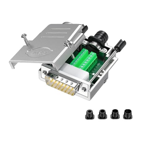 DB15 Male Solderless Shielded Metal Hood Breakout Connector - RS232 D-Sub Serial Port Adapter for Industrial Automation & Computer Networking