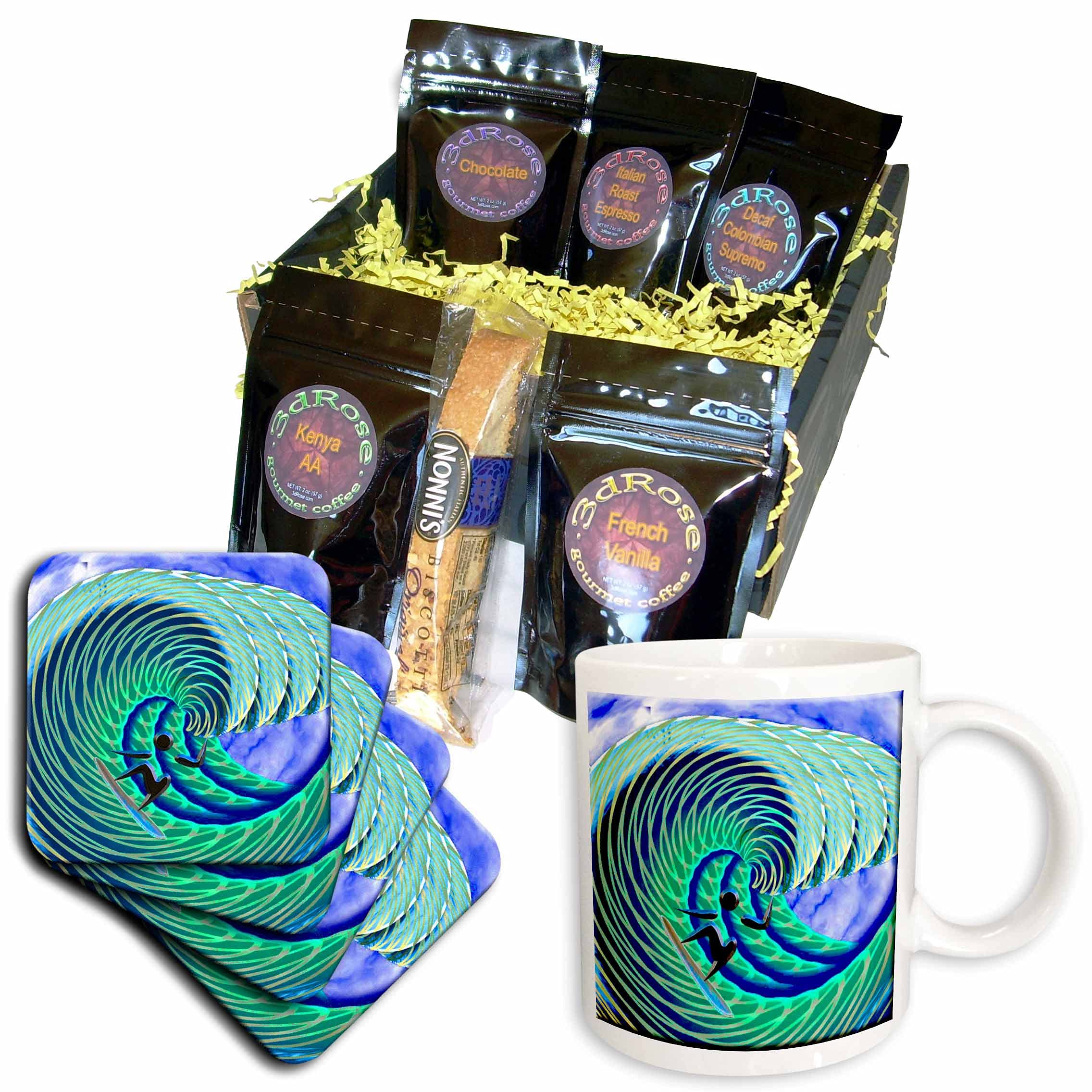 3D Rose Cool Wave and Surfer Art Coffee Gift Basket - Colorful Beach-Themed Coffee Lover's Gift Set for Surfers, Beach Enthusiasts & Home Decor - Perfect for Birthdays, Housewarming & Coastal Decor