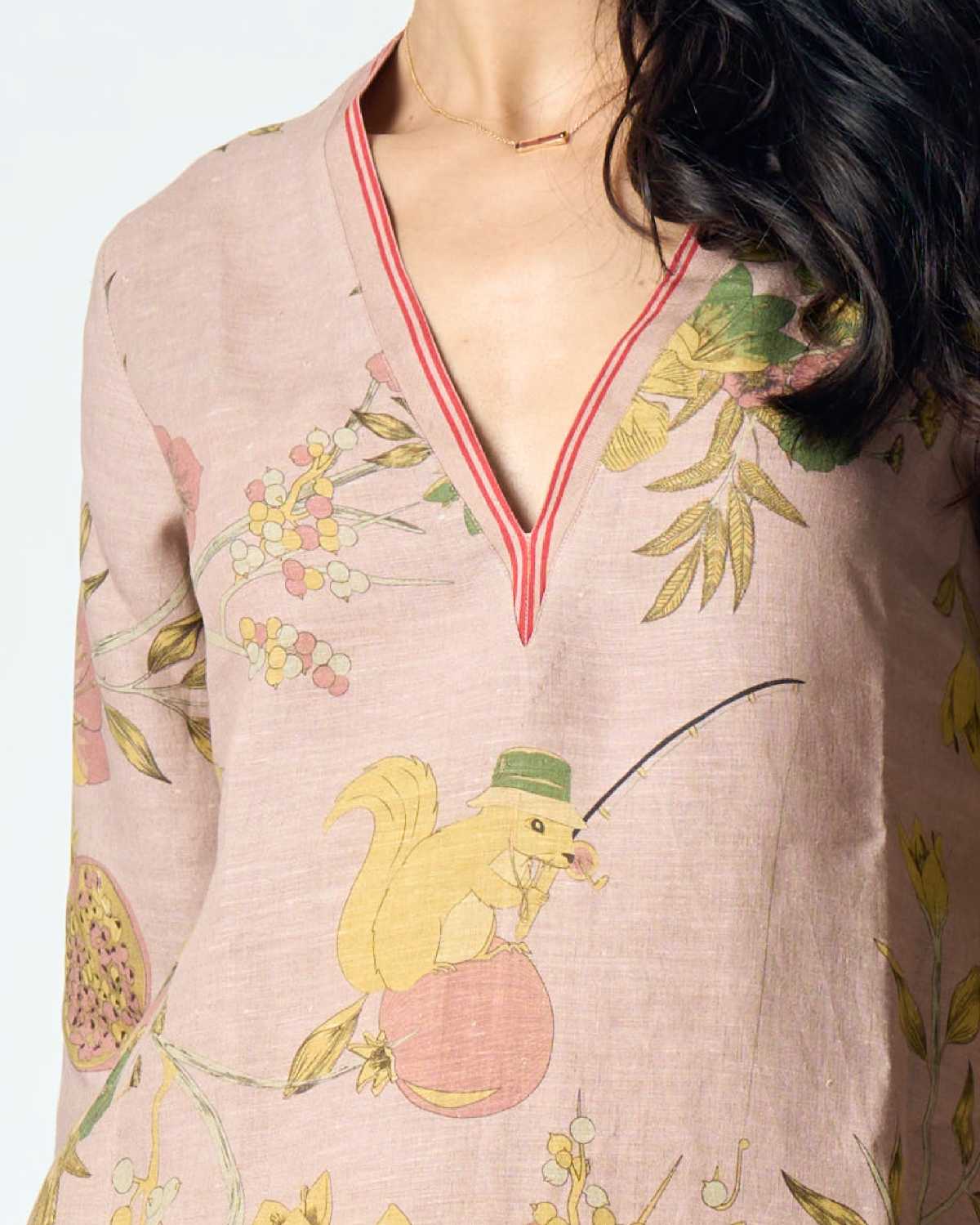 Elegant V Neck Kurta in Muga Satin - Champagne Pink Color for Women | Perfect for Festivals, Weddings & Special Occasions
