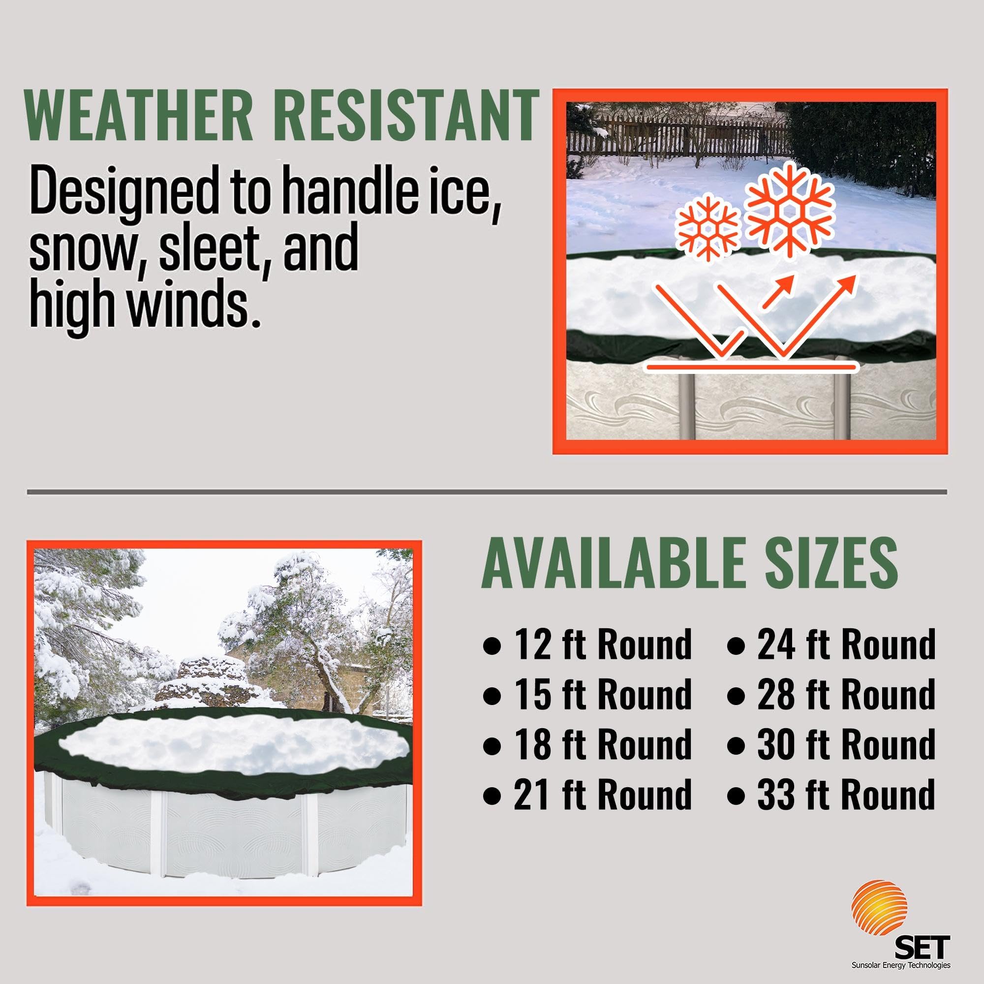 Heavy Duty Above Ground Solid Pool Cover for 28 Foot Round Swimming Pools - Winter Pool Cover with Sturdy Cable & Winch - SunSolar Energy Technologies - 12 Year Warranty - Perfect for Winter Protection, Debris Prevention, and Extending Pool Life