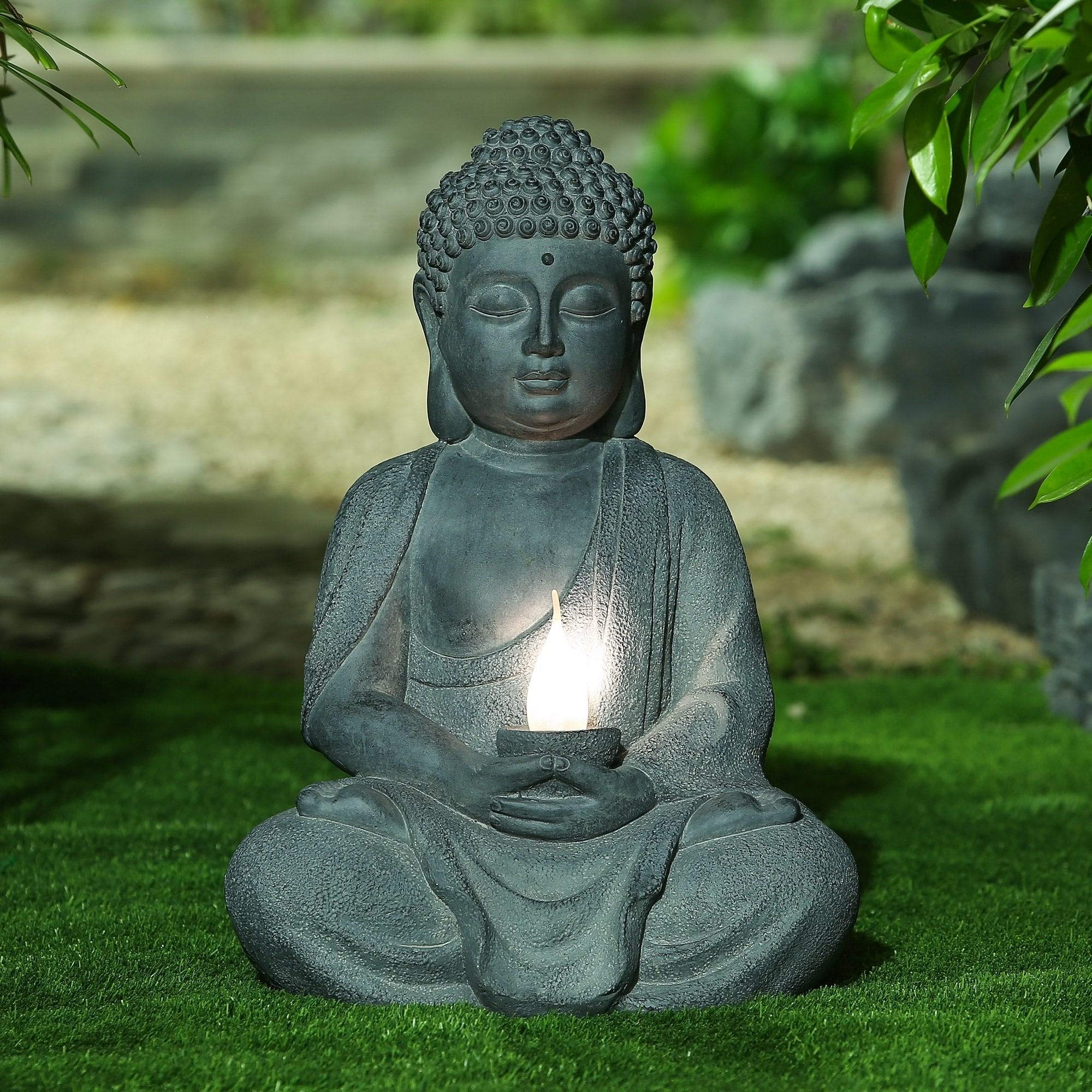 Solar Powered Meditating Buddha Garden Statue - Weatherproof Grey Polyresin Outdoor Decor with LED Lights | Perfect for Zen Gardens, Patios & Backyard Landscaping