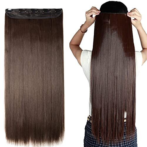 Morges 5 Clip-In Synthetic Straight Hair Extensions for Women - Natural Brown - 1 Pack - Perfect for Daily Styling, Parties & Special Occasions
