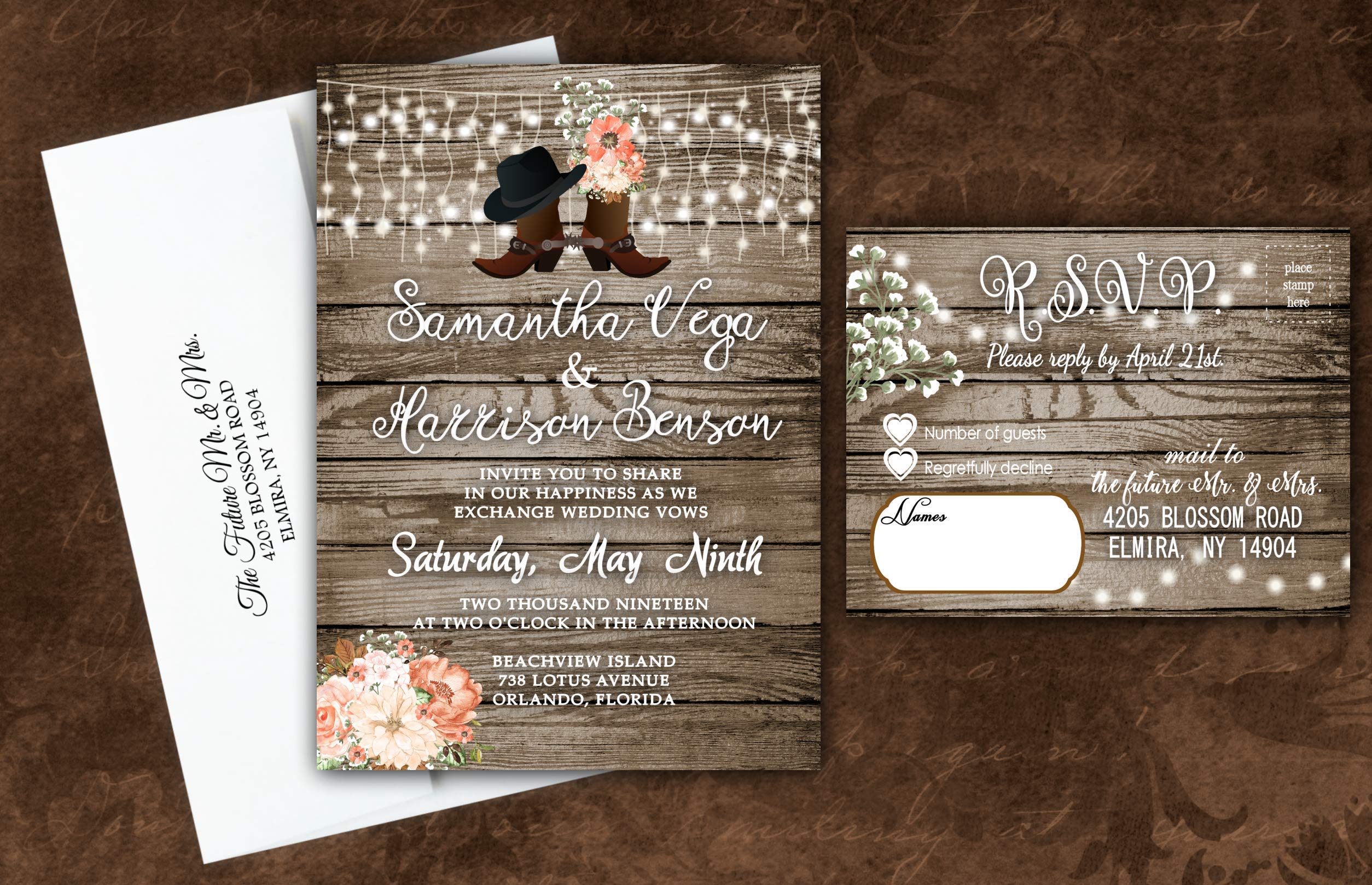 Personalized Country Boots Wedding Invitations - Custom Rustic Set of 50 with RSVP Cards in Pink & Brown - Perfect for Rustic Weddings, Barn Weddings & Country-Themed Events