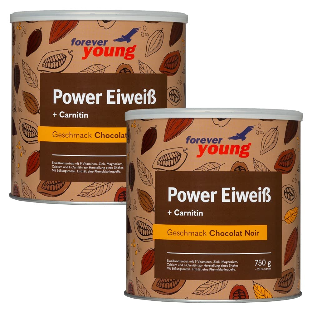 Forever Young Power Protein + Carnitine Supplement - 2 x 750g Chocolate (Chocolat Noir) for Muscle Recovery & Weight Management | Pre/Post Workout, Meal Replacement