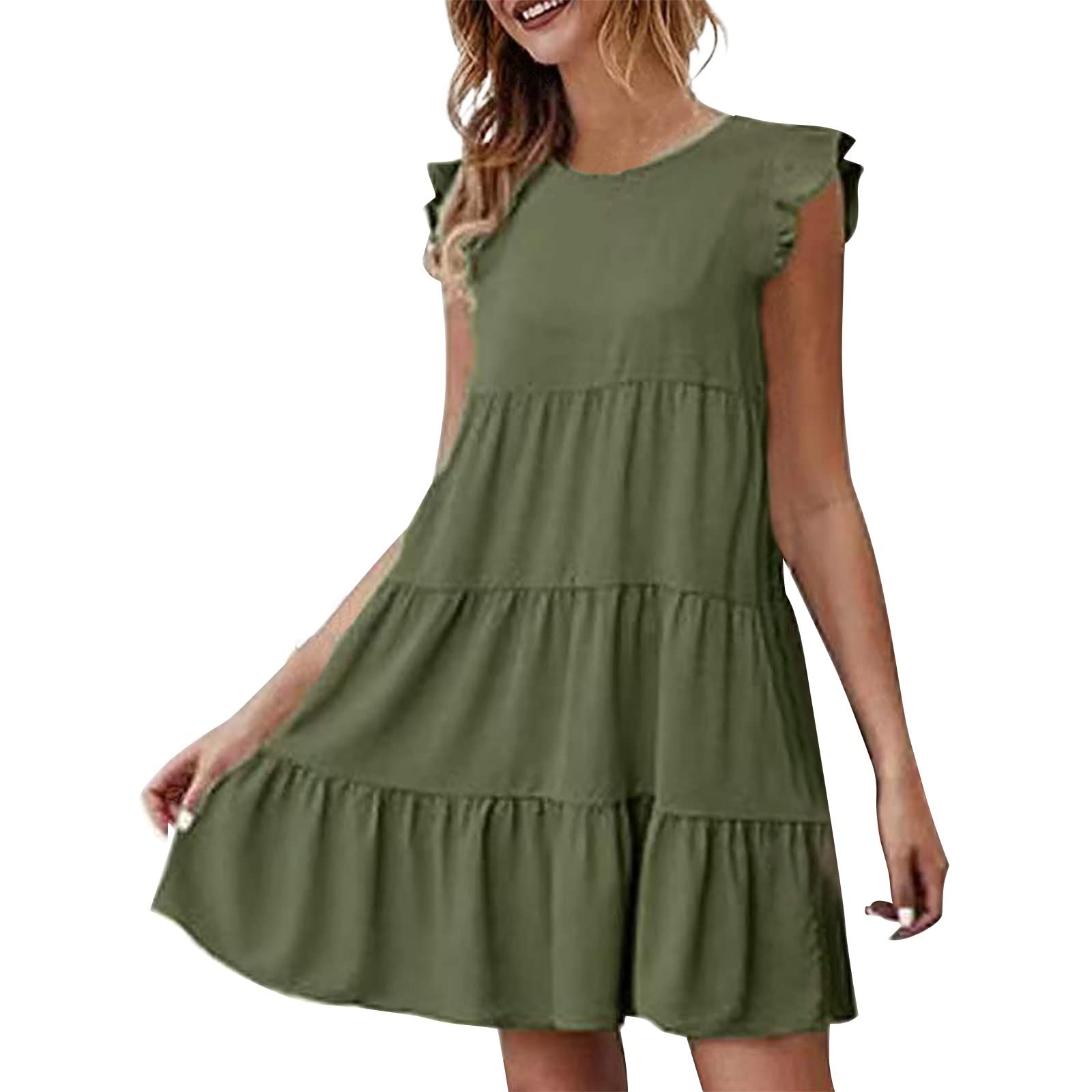 Xiloccer Women's Cocktail Party Dress - Elegant Round Neck Ruffle Tunic, Loose Flowy Babydoll Mini Swing Dress for Night Out, Date Night, Wedding Guest & Special Occasions