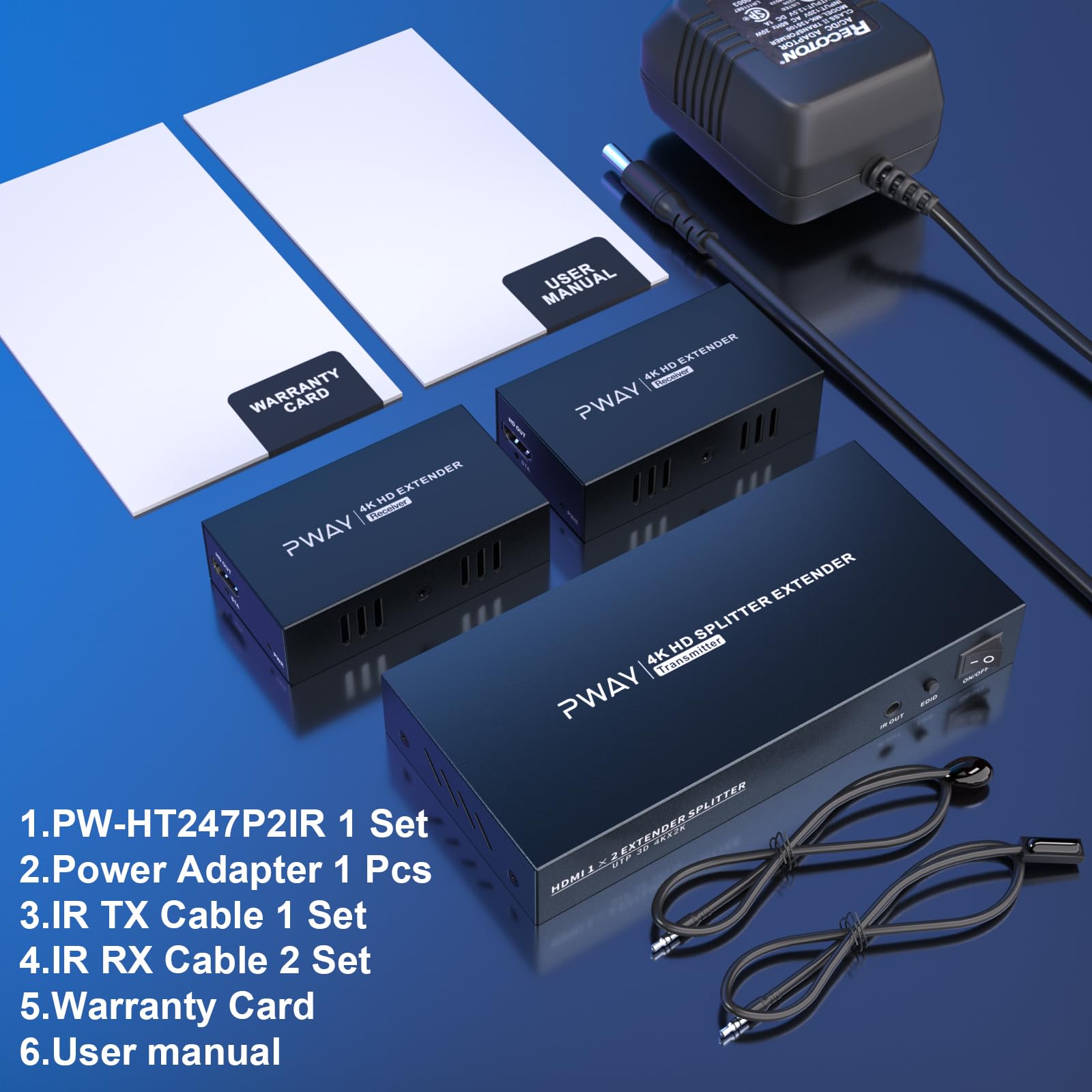 4K HDMI Extender Splitter 1x2 - 60Hz up to 196ft (60m) via CAT5/CAT6/CAT7 Cable with IR Power Switch & EDID - Perfect for Home Theater, Gaming, and Conference Room AV Setup