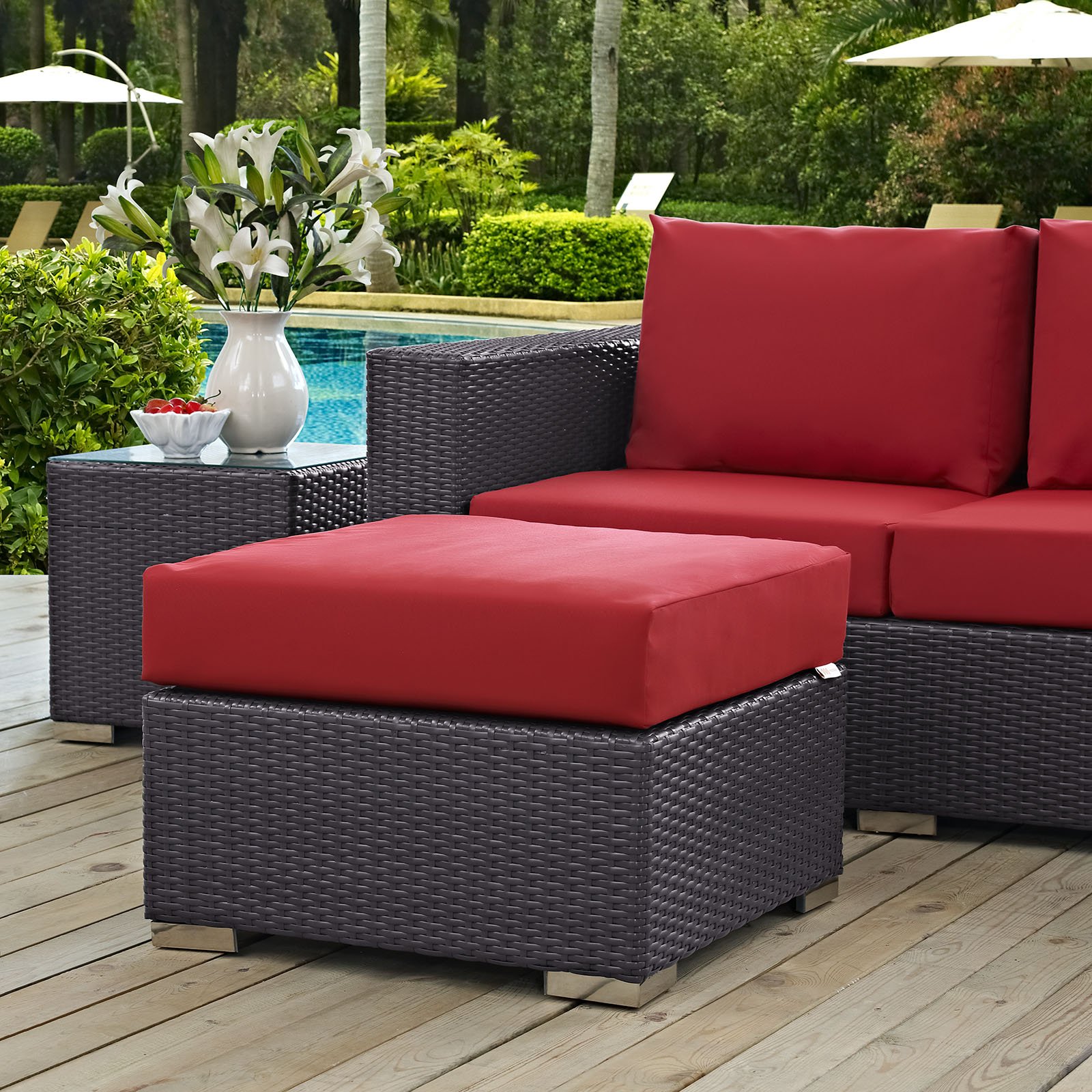 Modway Convene Wicker Rattan Outdoor Patio Square Ottoman with Cushions - Espresso Red - Perfect for Garden, Poolside & Backyard Relaxation
